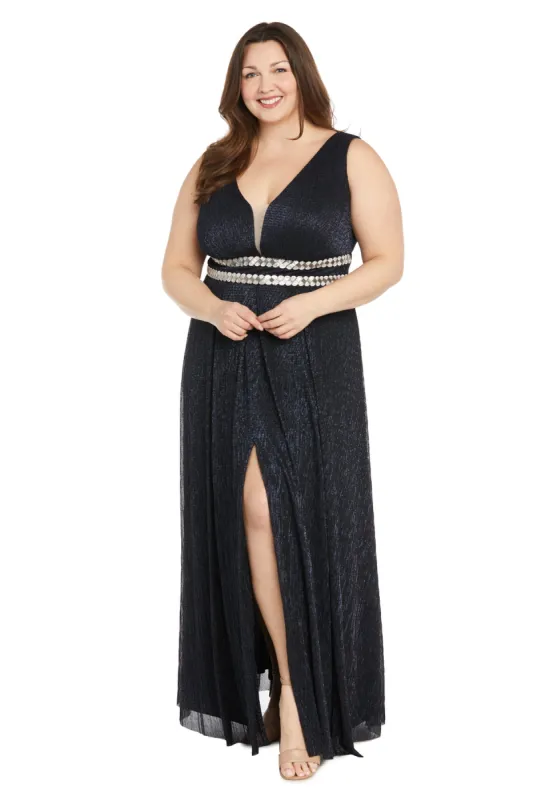 Long Metallic Gown With Double Rhinestone Waist Detailing - Plus sold by R&M Richards