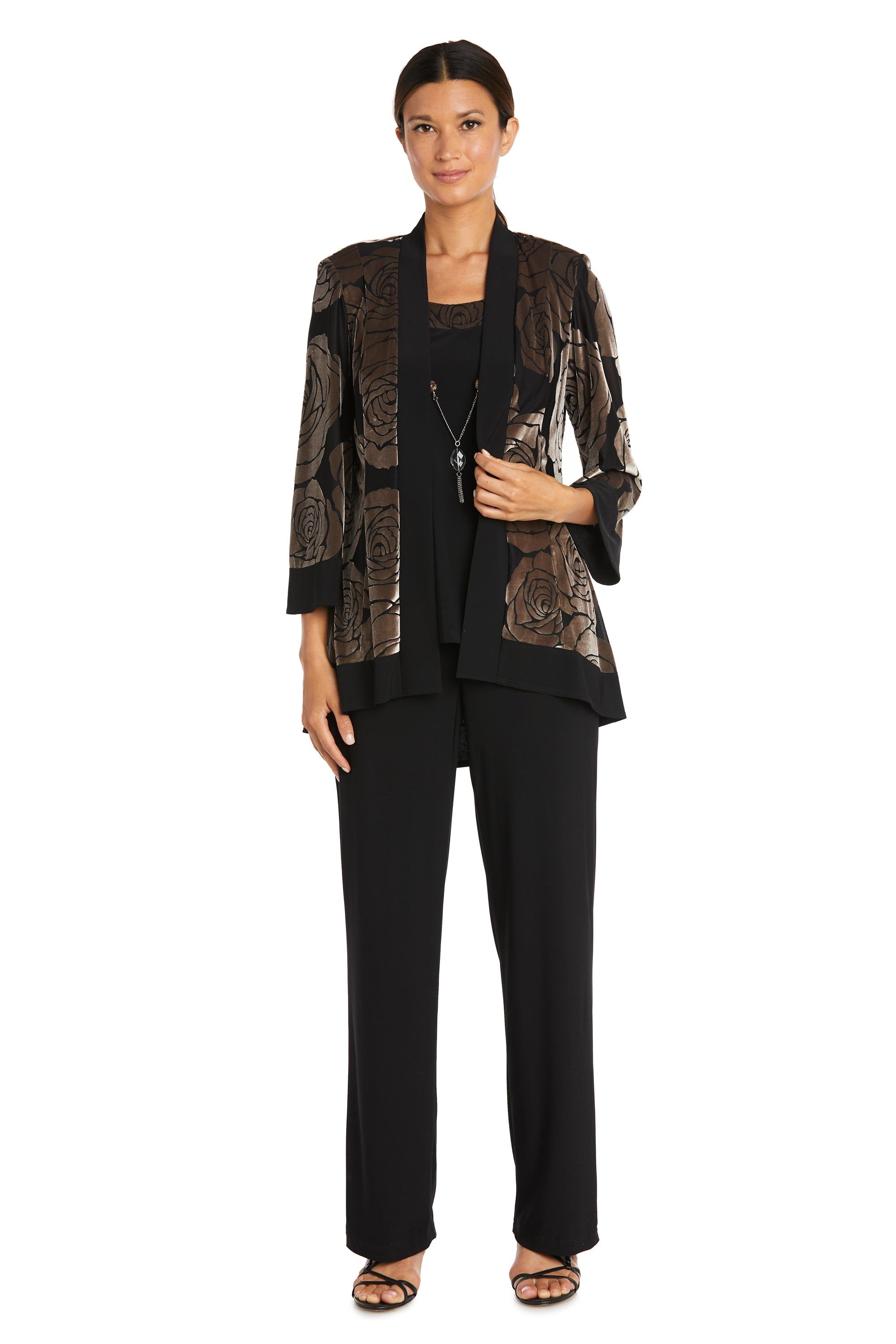 Three-Piece Power Mesh Velvet Jacket and Pant Set with Attached Necklace sold by R&M Richards