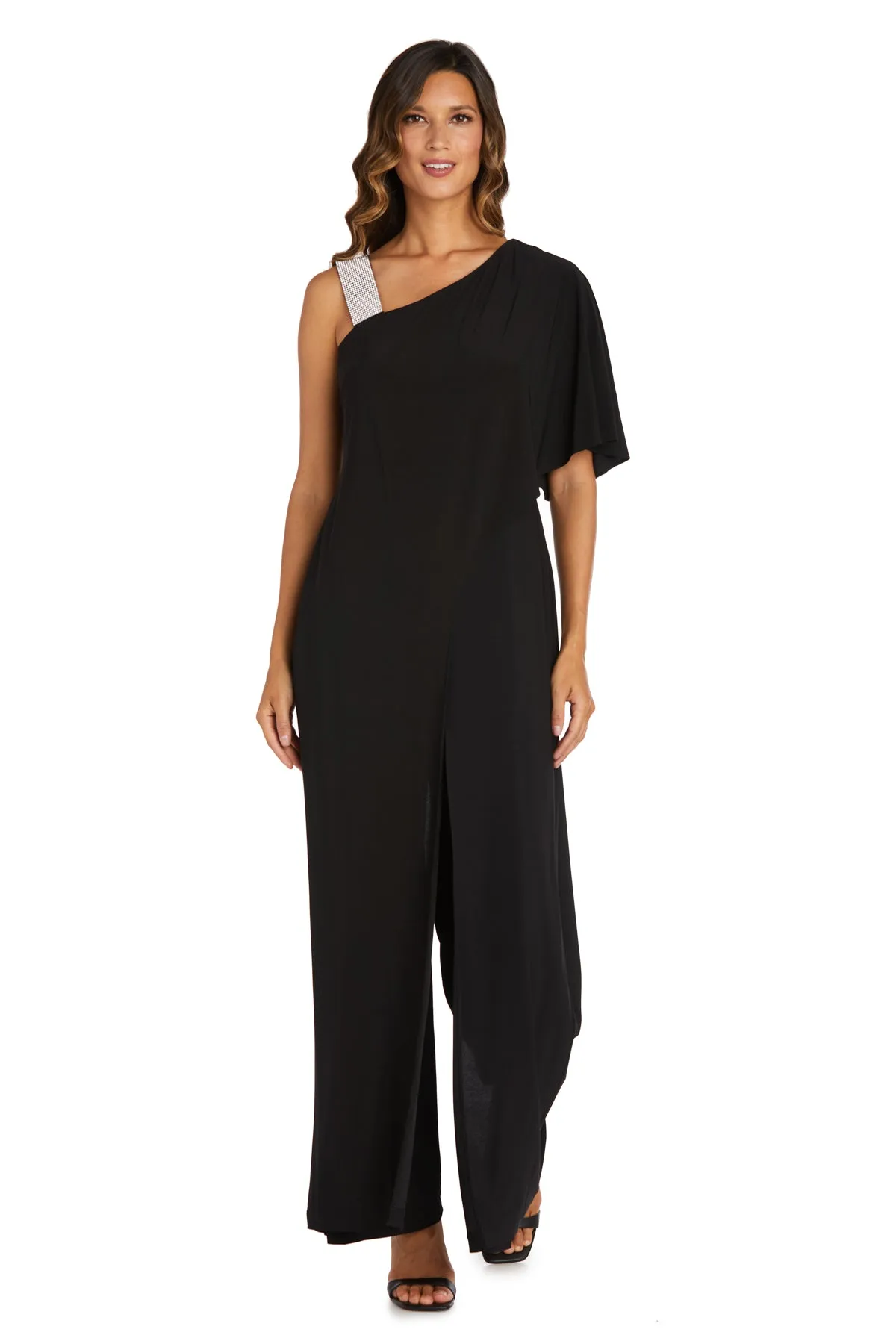 Asymmetric Jumpsuit with Overlay and Rhinestone Shoulder Strap sold by R&M Richards