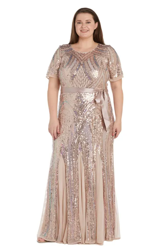 Short Sleeve Sequined Rainbow Evening Gown with Ribbon Sash - Plus sold by R&M Richards