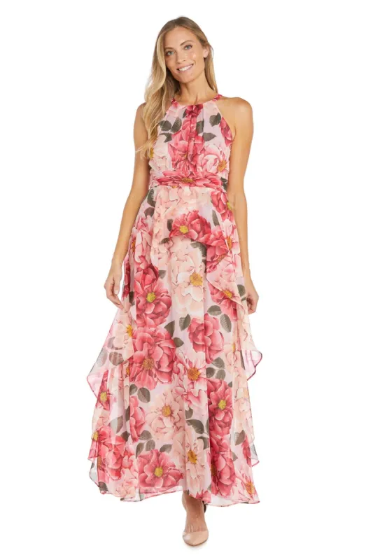 Long Printed Floral Dress with Halter Neckline and Ruffle Skirt sold by R&M Richards