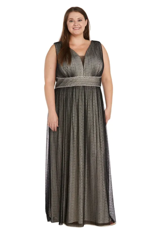 Long Pleat Polka Dot Tulle V-Neck Dress with Rhinestone Waist Detail - Plus sold by R&M Richards