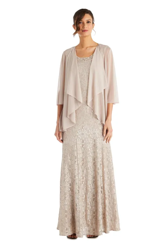 Evening Lace Gown With Pearl Embellished Neckline and Flyaway Jacket sold by R&M Richards