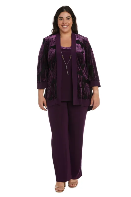 Three-Piece Power Mesh Velvet Jacket and Pant Set with Attached Necklace - Plus sold by R&M Richards