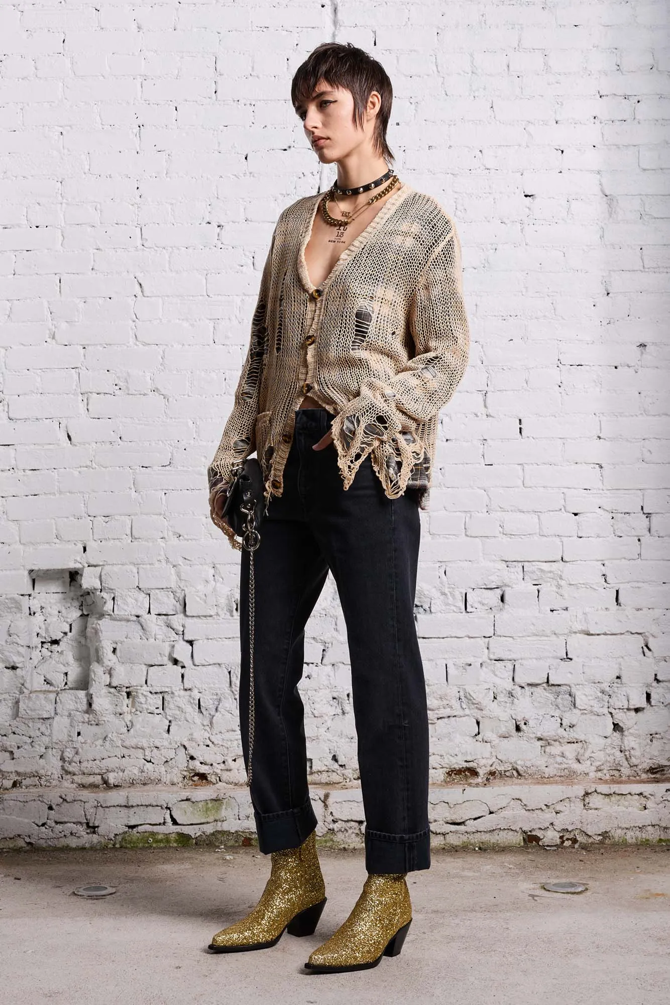 RELAXED OVERLAY CARDIGAN - CREAM AND BLACK PLAID sold by R13 product image thumbnail 2