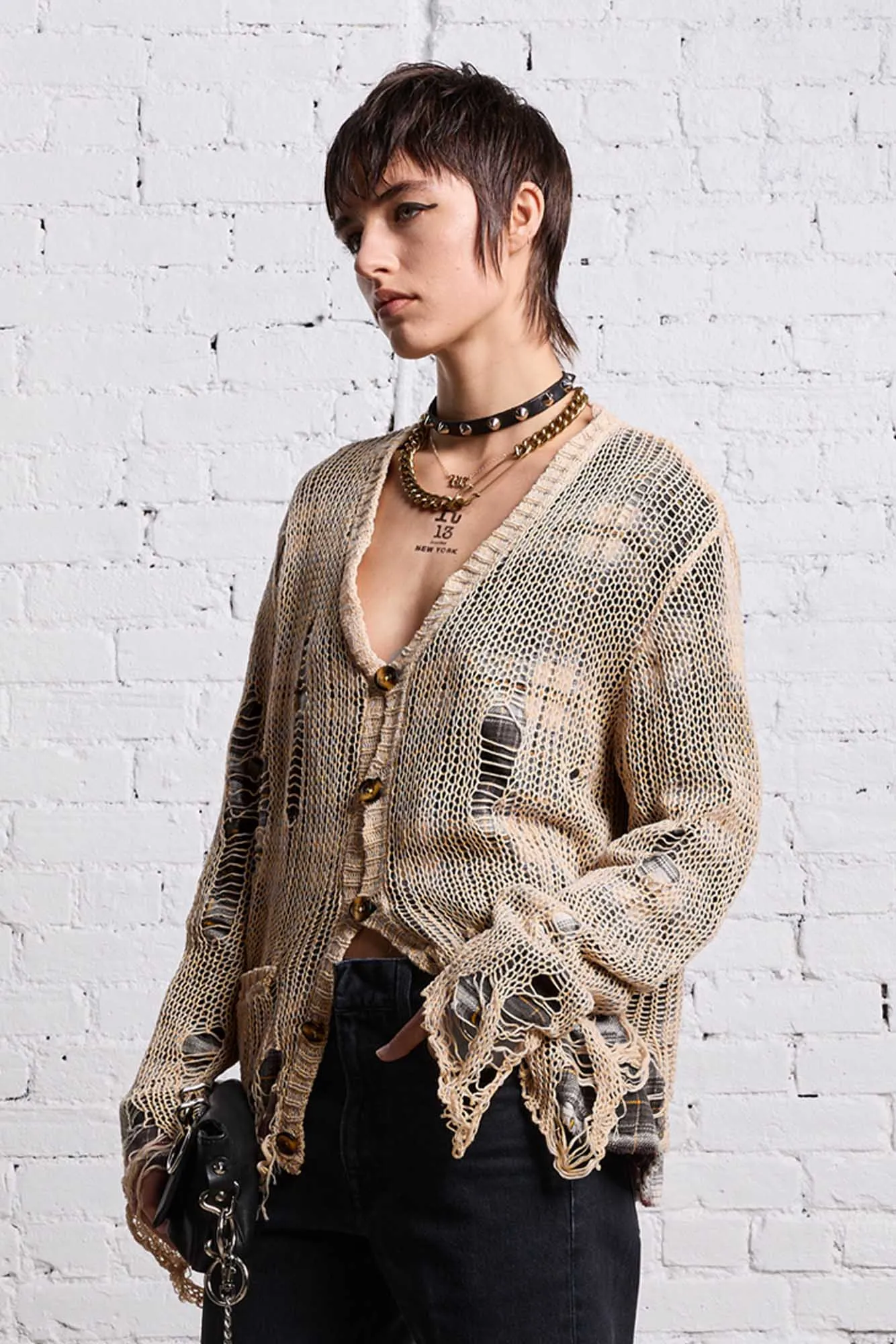 RELAXED OVERLAY CARDIGAN - CREAM AND BLACK PLAID sold by R13