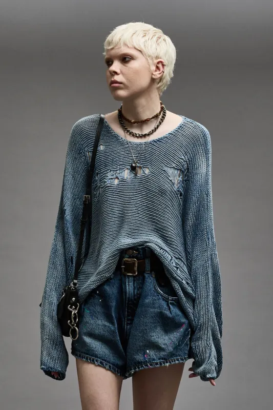 DISTRESSED BOYFRIEND CREWNECK - LIGHT INDIGO sold by R13