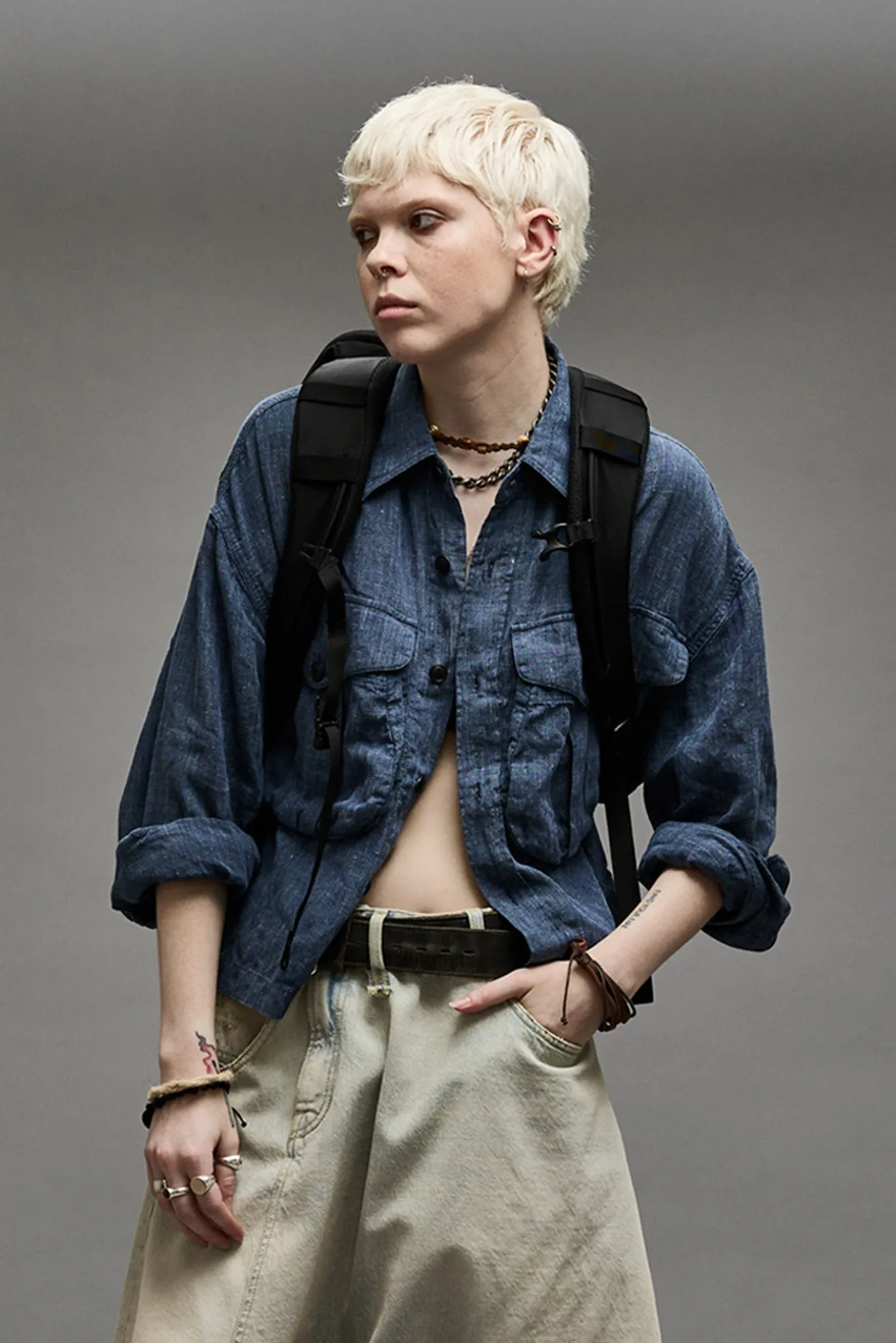 CROPPED BELLOW POCKET SHIRT - INDIGO BLUE sold by R13