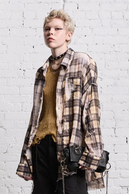 SHREDDED SEAM DROP NECK - BLEACH PRINTED PLAID sold by R13