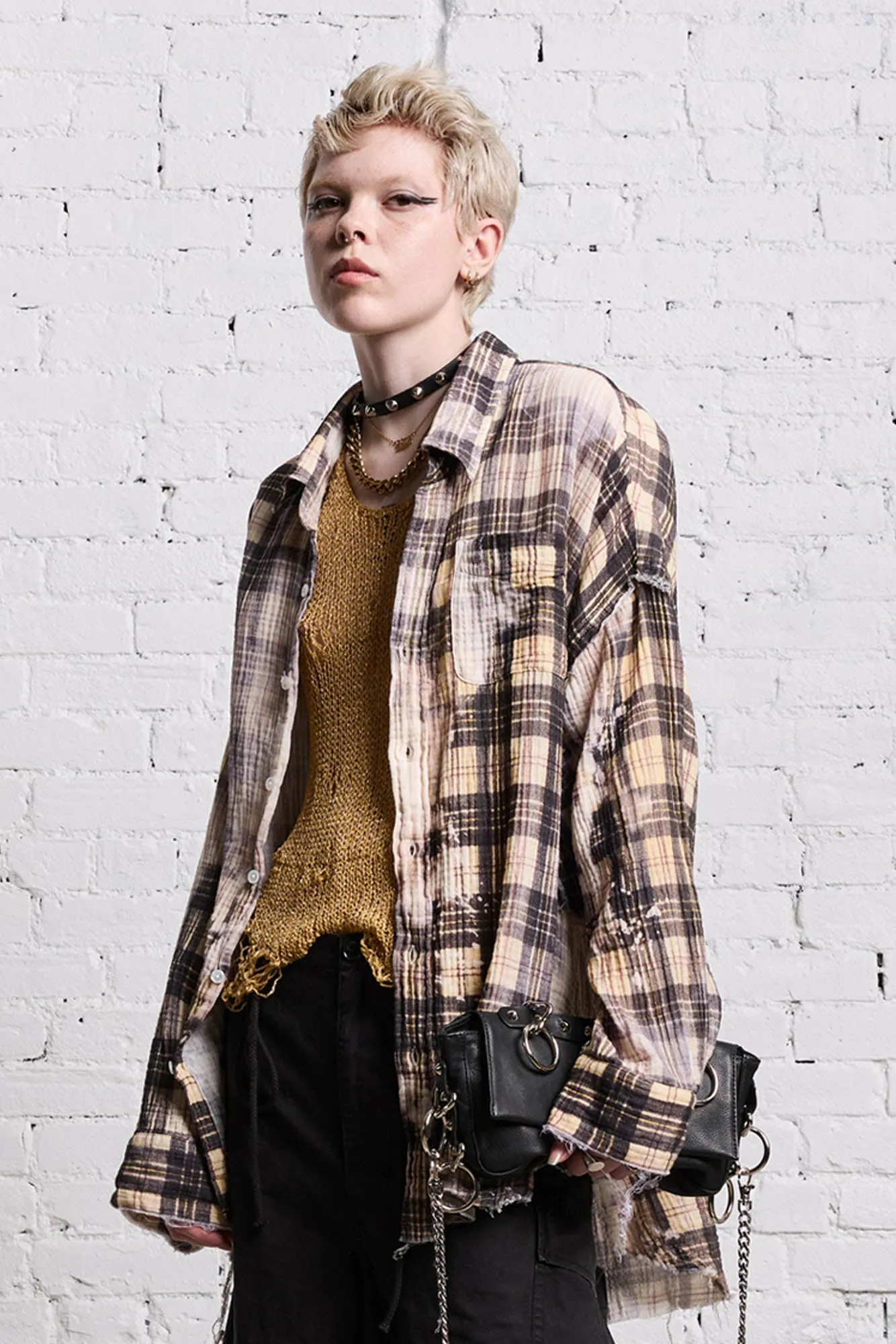 SHREDDED SEAM DROP NECK - BLEACH PRINTED PLAID sold by R13