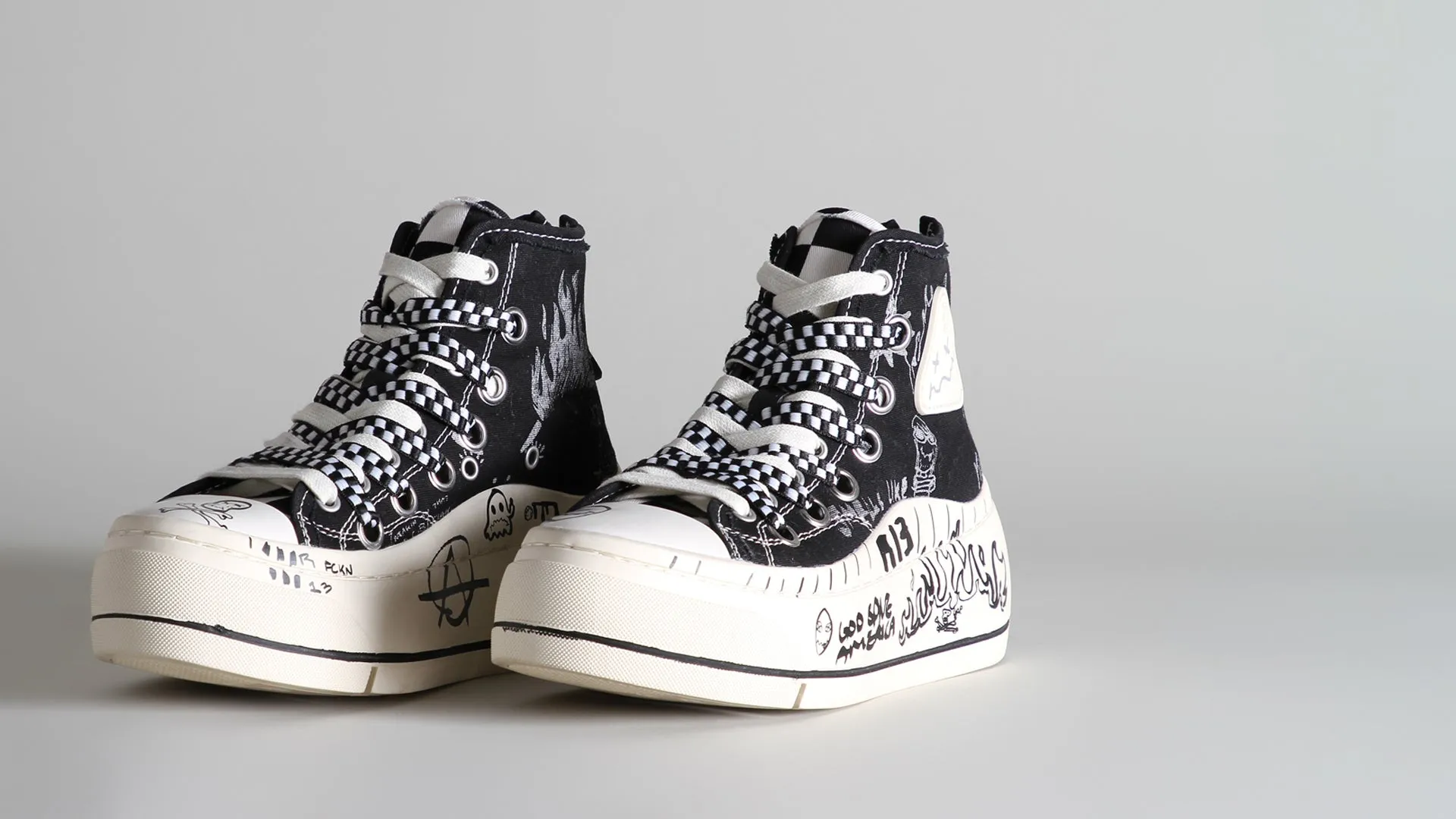 DOUBLE GROMMET KURT HIGH TOP SNEAKER - BLACK GRAFFITI CHECKER sold by R13 product image thumbnail 3