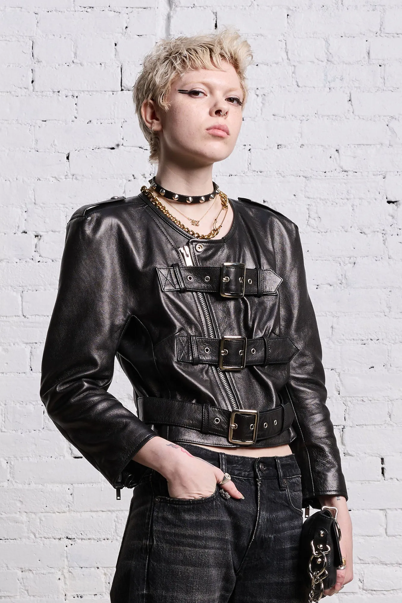 BELTED MOTORCYCLE JACKET - BLACK sold by R13