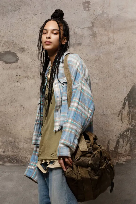 CROPPED WORK SHIRT - BLUE AND GREEN sold by R13