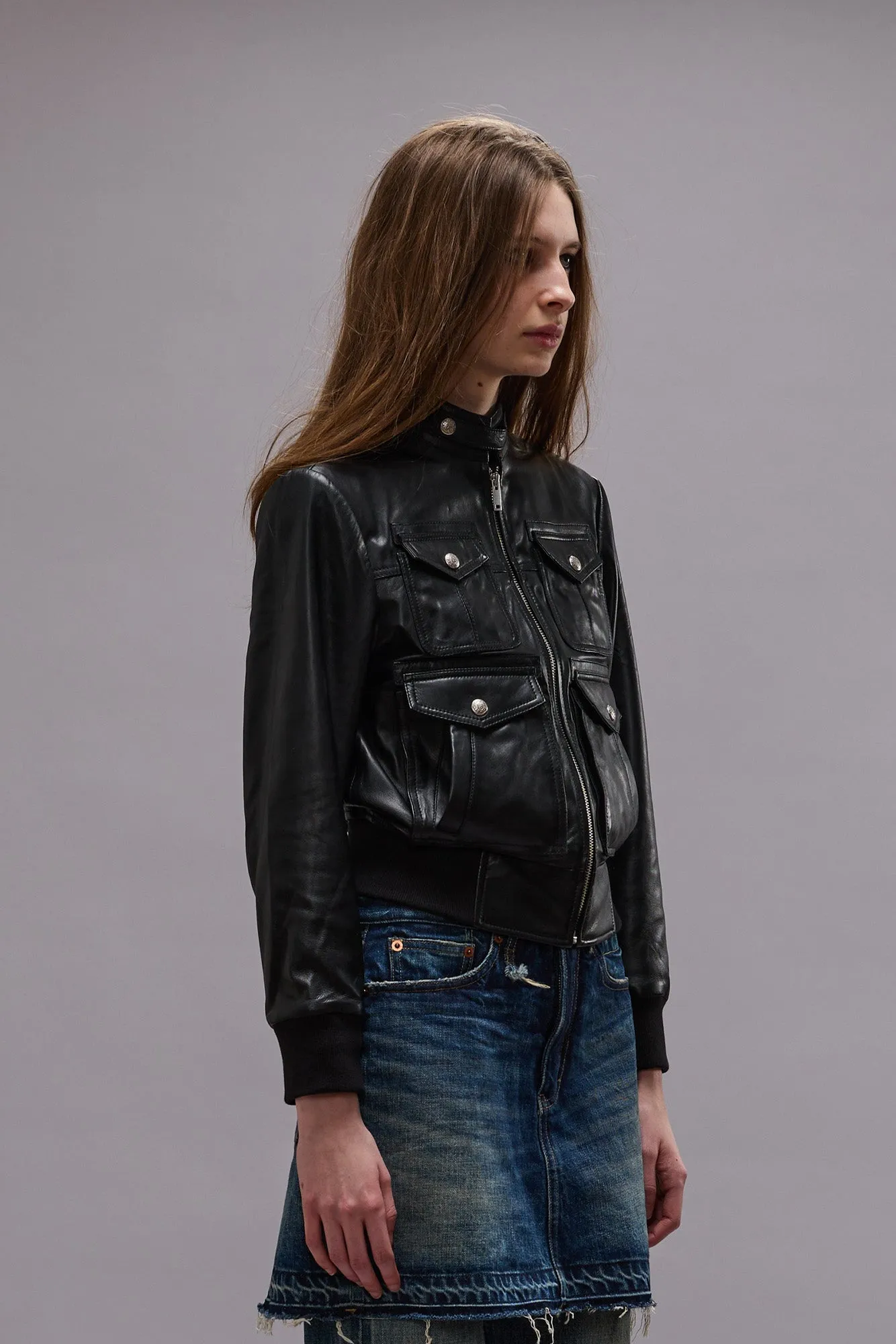 SHRUNKEN ZIP-UP LEATHER JACKET - BLACK sold by R13 product image thumbnail 4