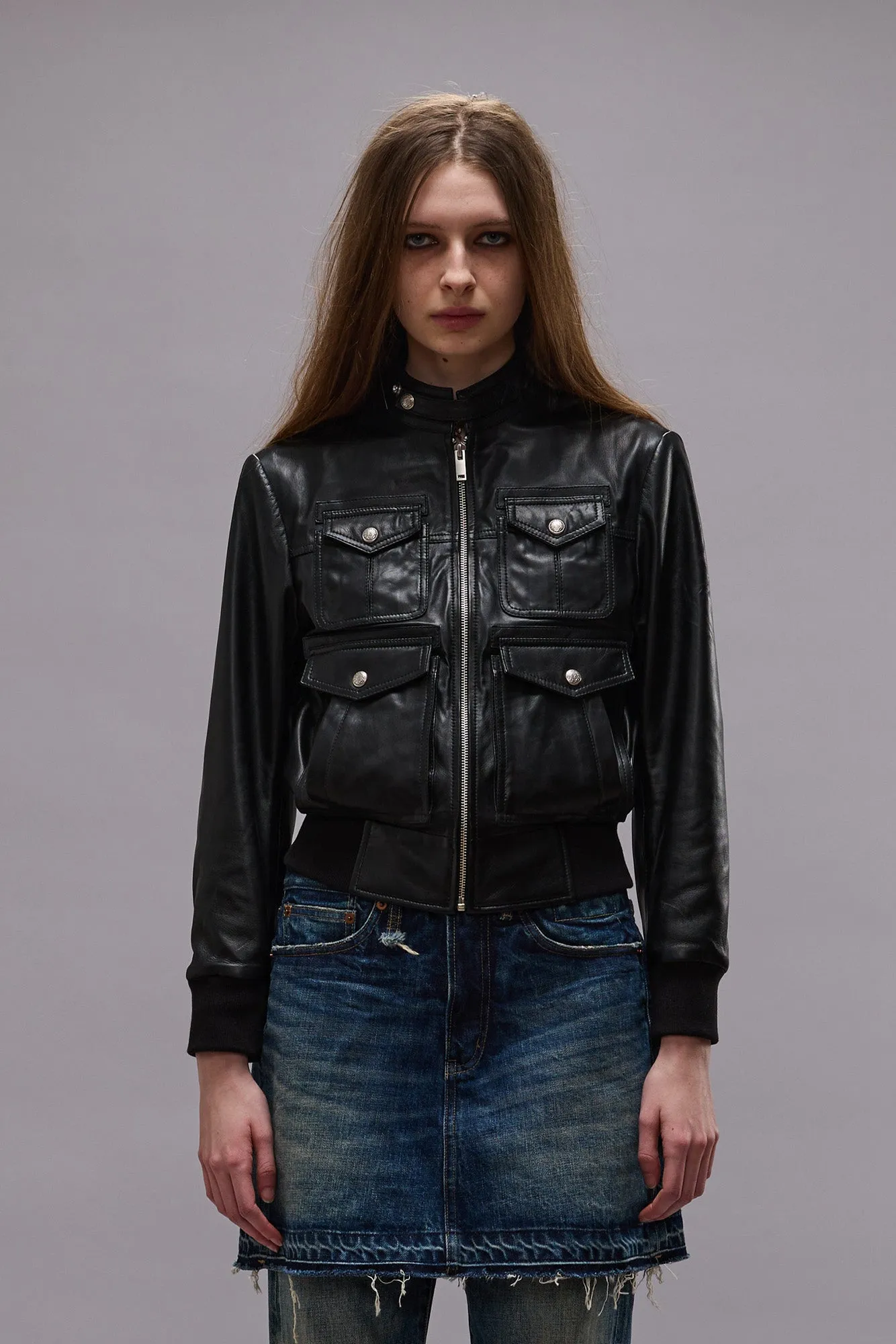 SHRUNKEN ZIP-UP LEATHER JACKET - BLACK sold by R13 product image thumbnail 3