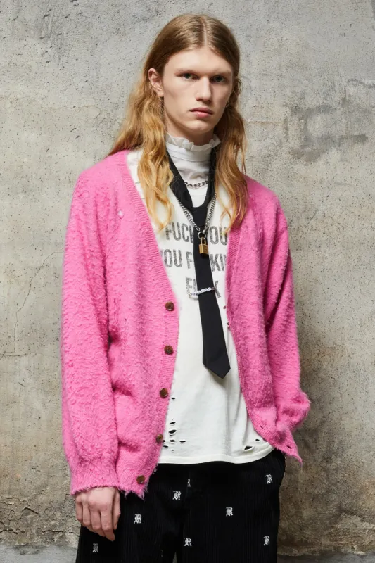 SHAGGY OVERSIZED DISTRESSED EDGE CARDIGAN - PINK made by R13