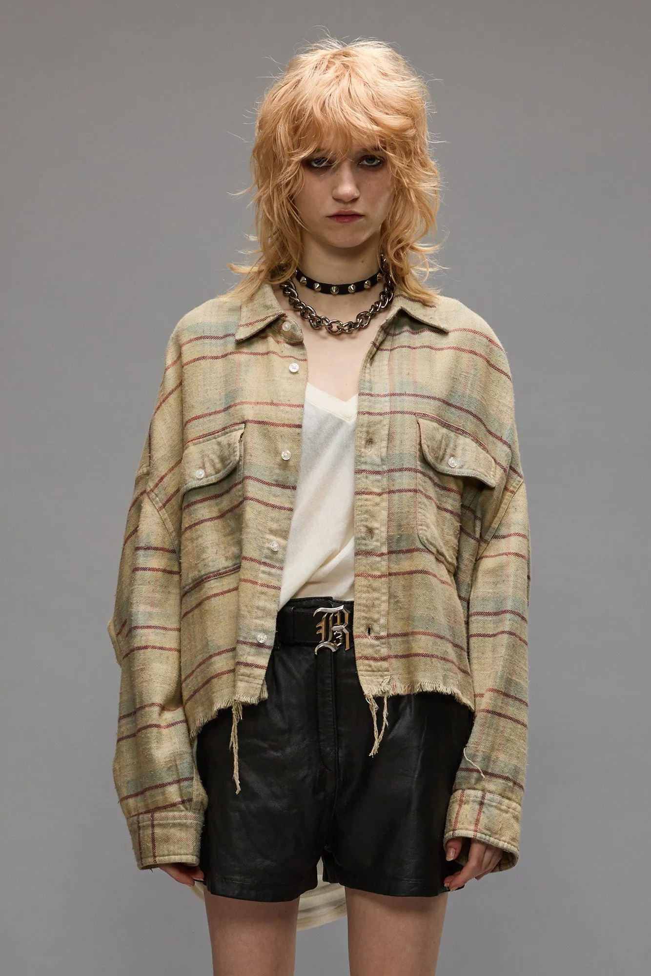 CROPPED WORKSHIRT - BLEACHED LIGHT BLUE PLAID sold by R13 product image thumbnail 3