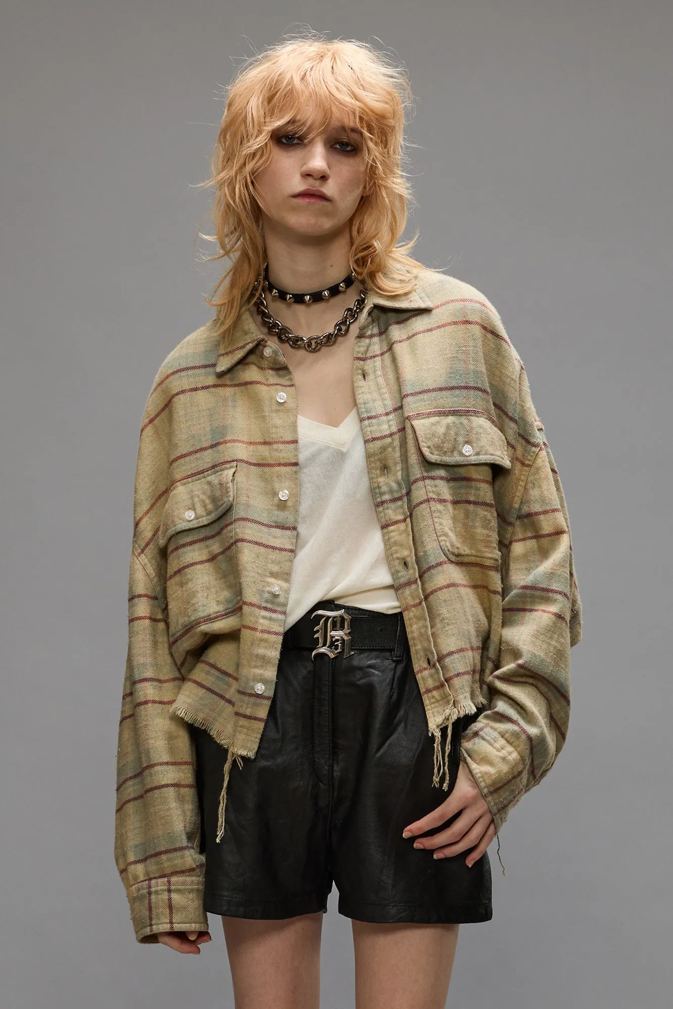 CROPPED WORKSHIRT - BLEACHED LIGHT BLUE PLAID sold by R13