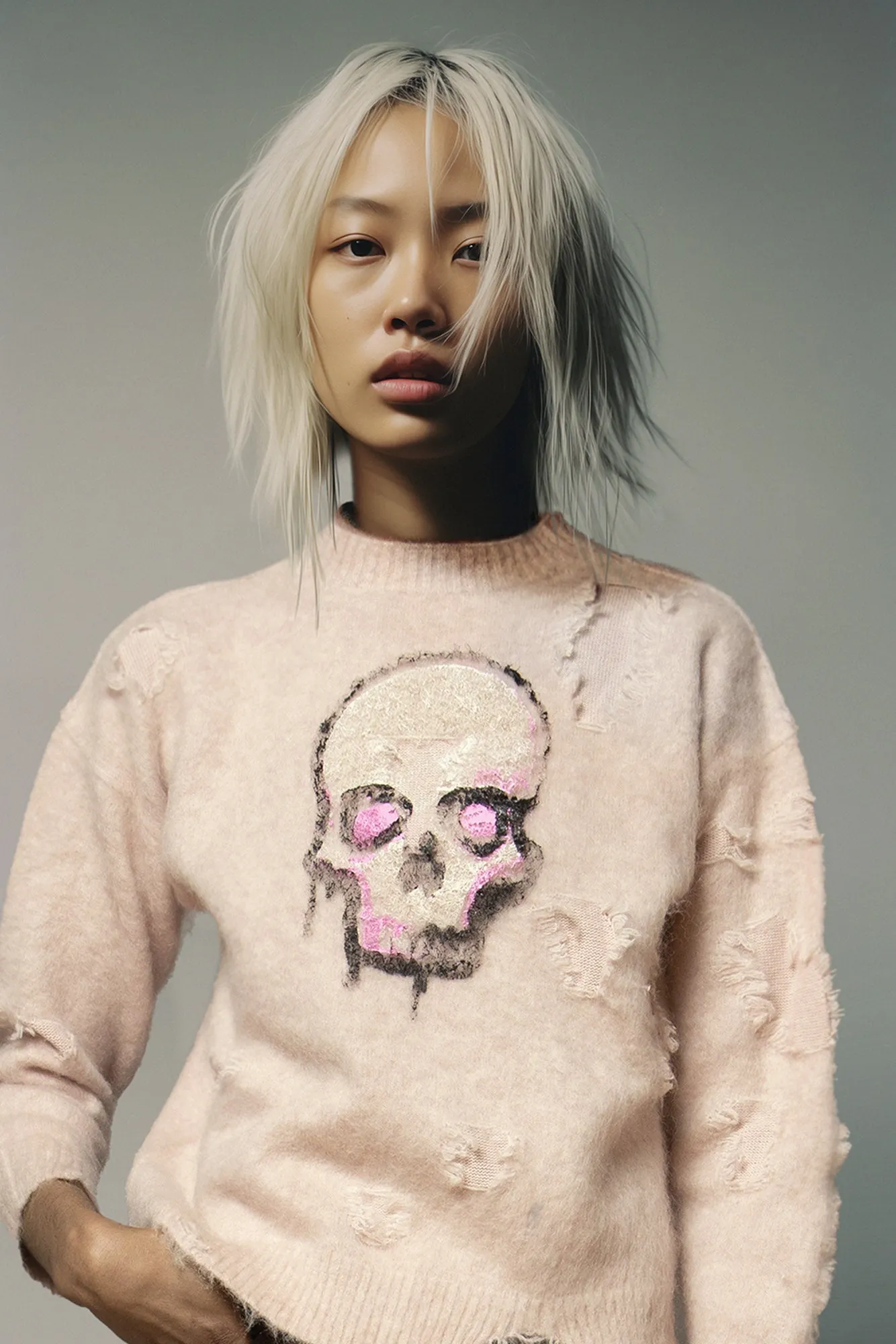DECONSTRUCTED SKULL SWEATER - LIGHT PINK sold by R13