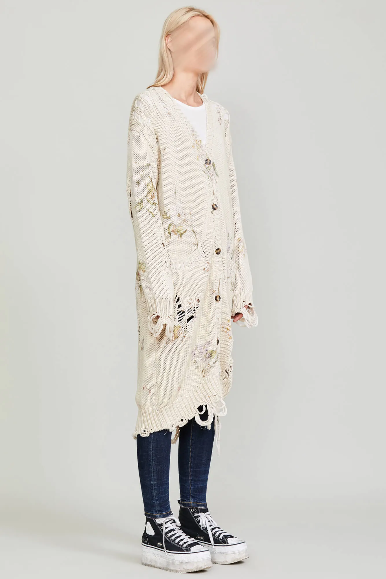 DISTRESSED LONG CARDIGAN - FLORAL ON KHAKI sold by R13 product image thumbnail 2