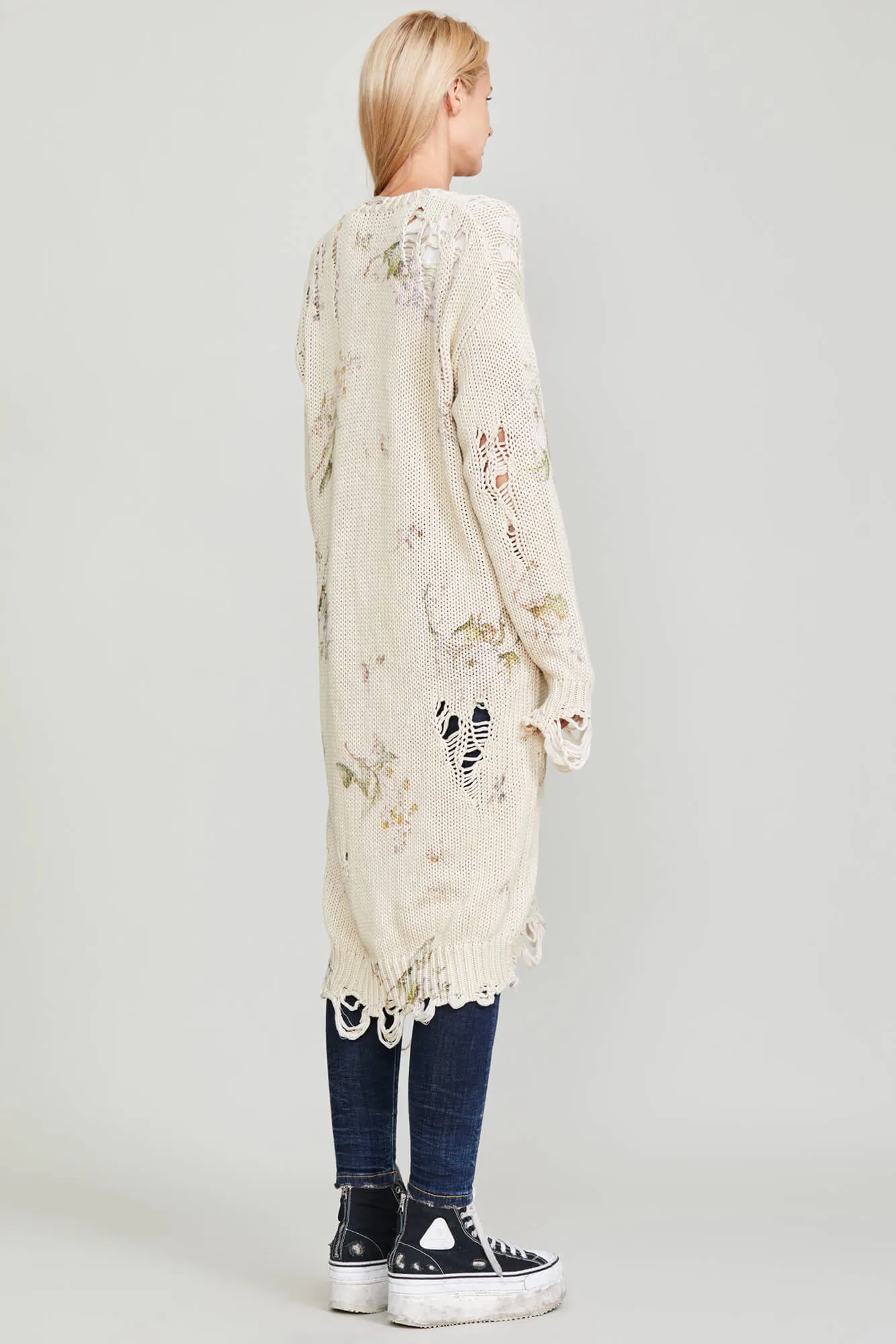 DISTRESSED LONG CARDIGAN - FLORAL ON KHAKI sold by R13 product image thumbnail 3