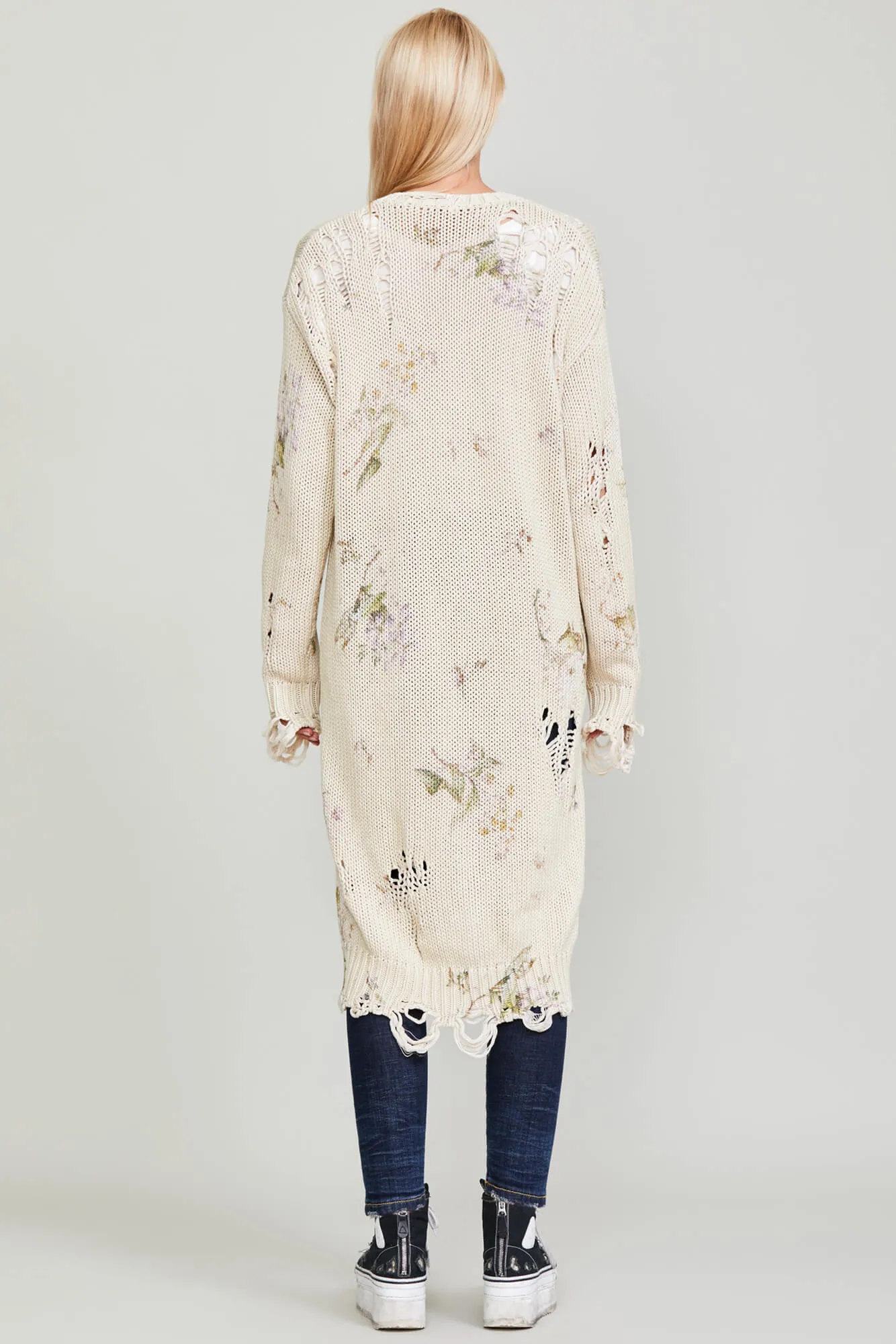 DISTRESSED LONG CARDIGAN - FLORAL ON KHAKI sold by R13 product image thumbnail 4
