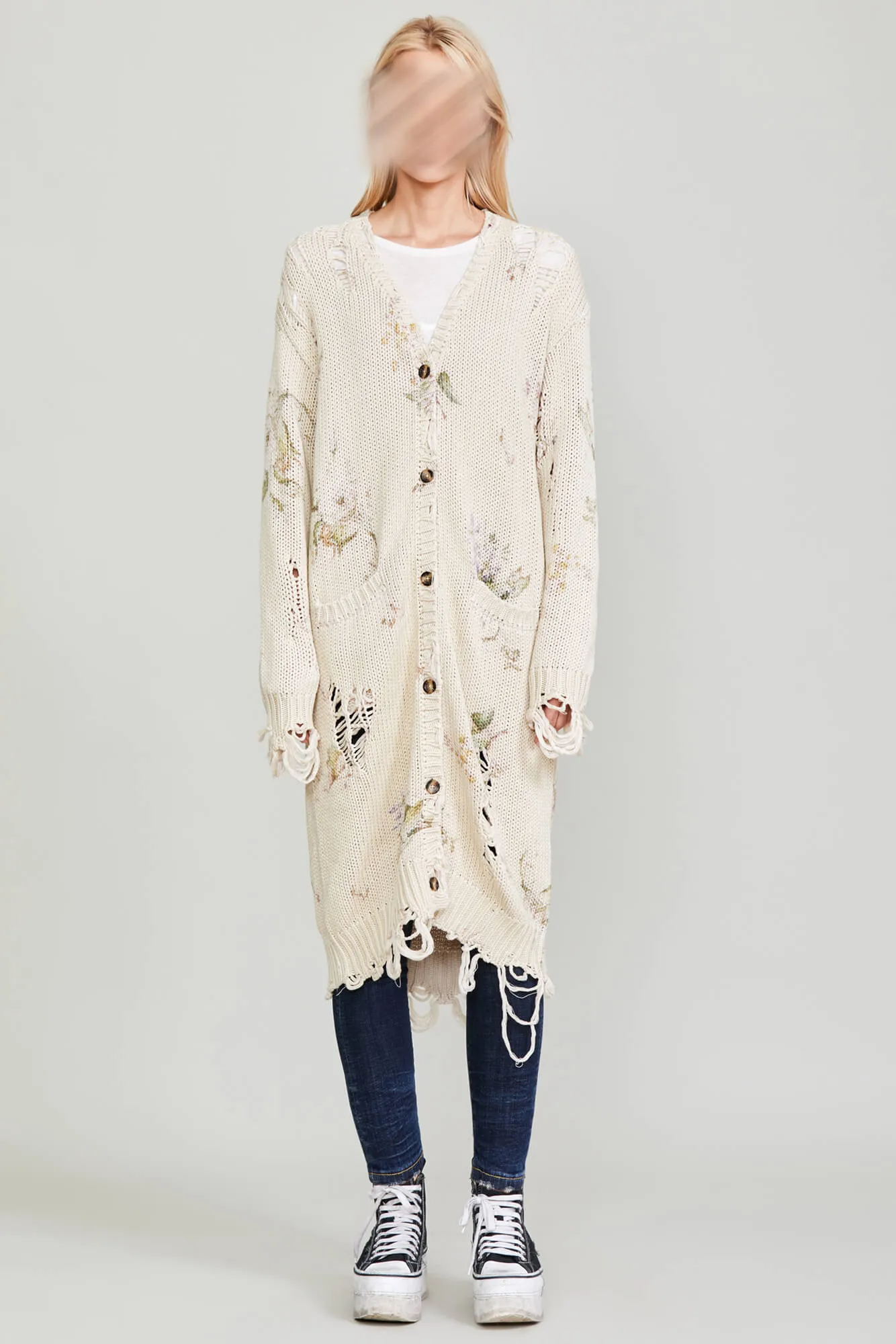 DISTRESSED LONG CARDIGAN - FLORAL ON KHAKI sold by R13 product image thumbnail 5