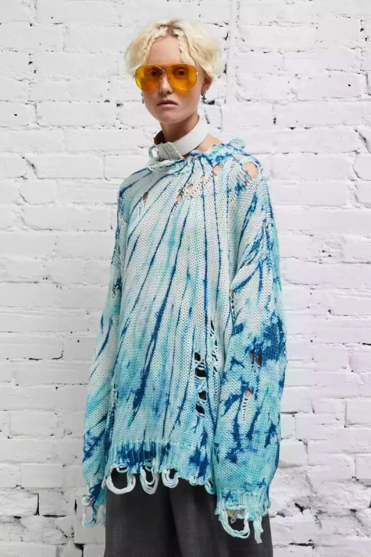 DISTRESSED OVERSIZED PULLOVER - BLUE TIE-DYE sold by R13