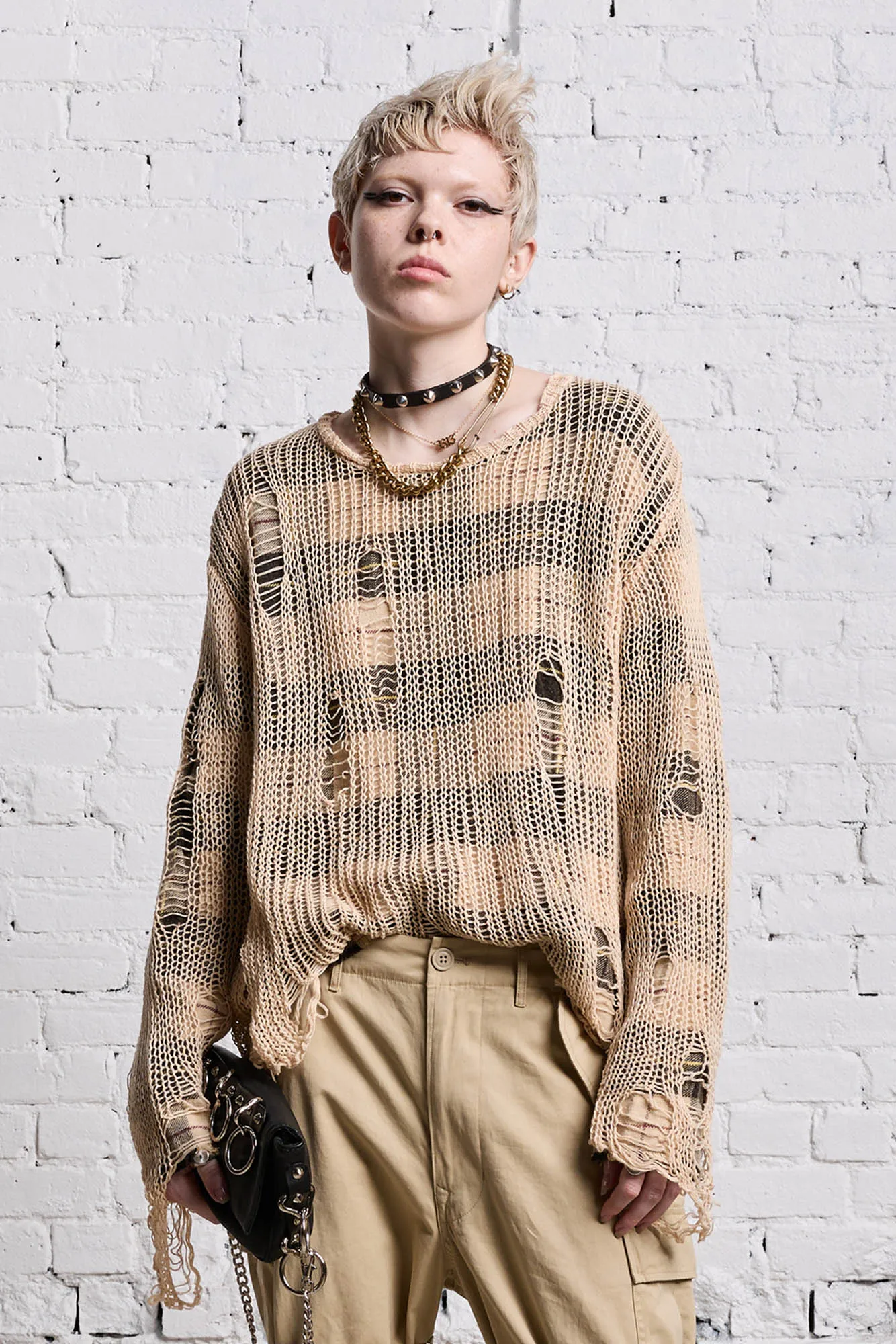 RELAXED OVERLAY CREWNECK - CREAM AND BLACK PLAID sold by R13