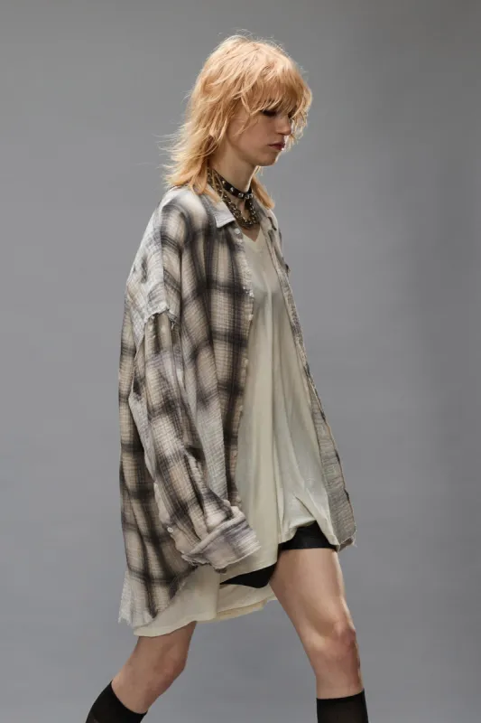 SHREDDED SEAM DROP NECK - PRINTED GREY PLAID sold by R13