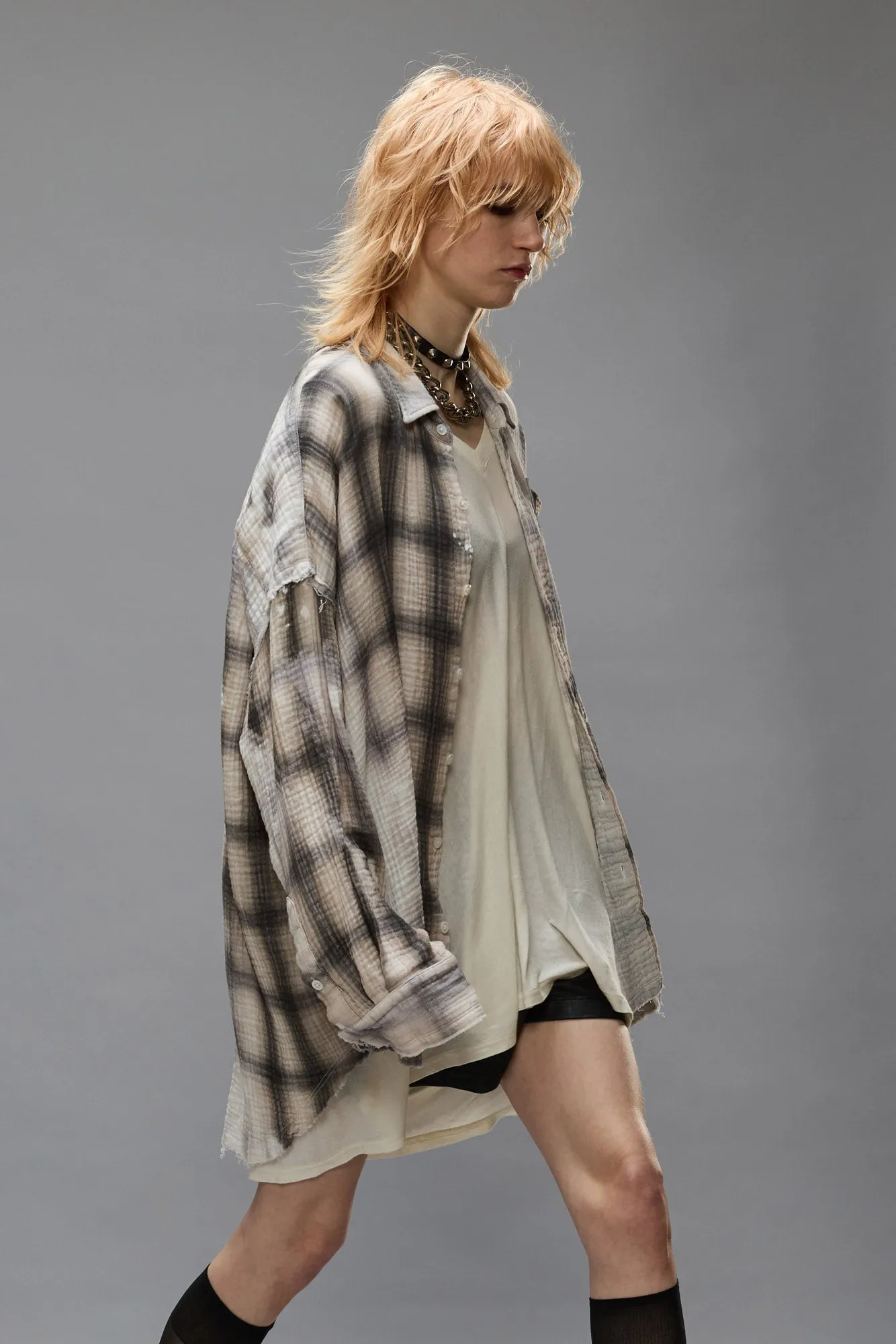 SHREDDED SEAM DROP NECK - PRINTED GREY PLAID sold by R13
