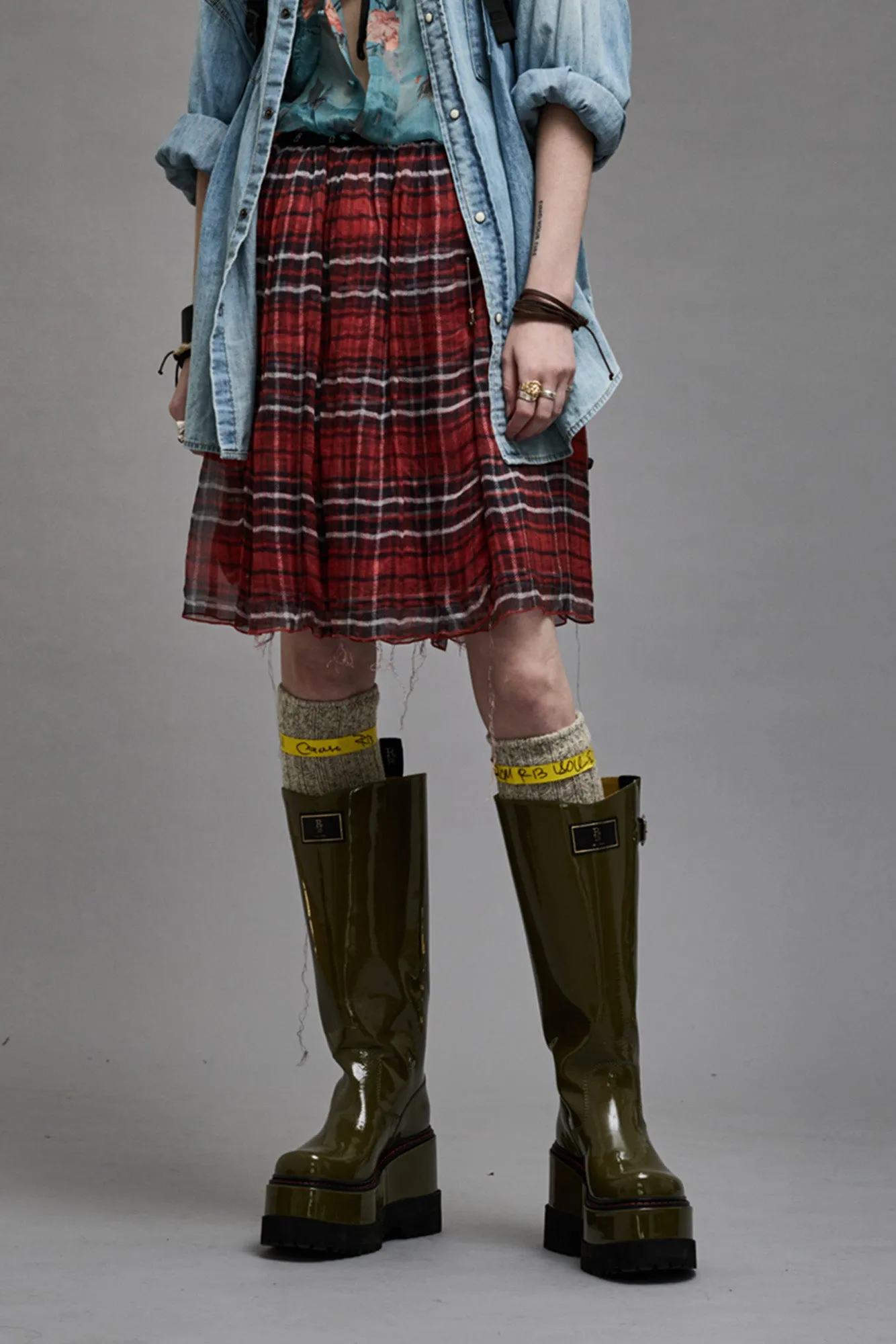 DOUBLE LAYER KILT SKIRT - RED PLAID sold by R13