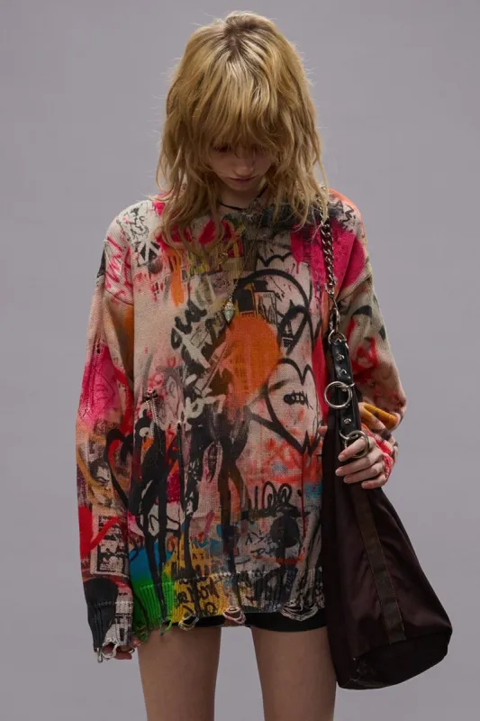 PRINTED BOYFRIEND SWEATER - HEART GRAFFITI PRINT sold by R13