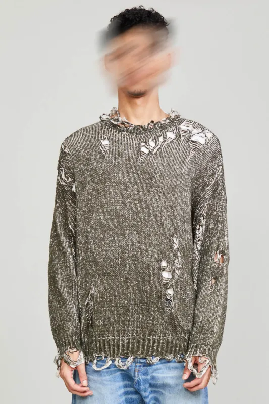 OVERSIZED DISTRESSED SWEATER - DARK OLIVE sold by R13