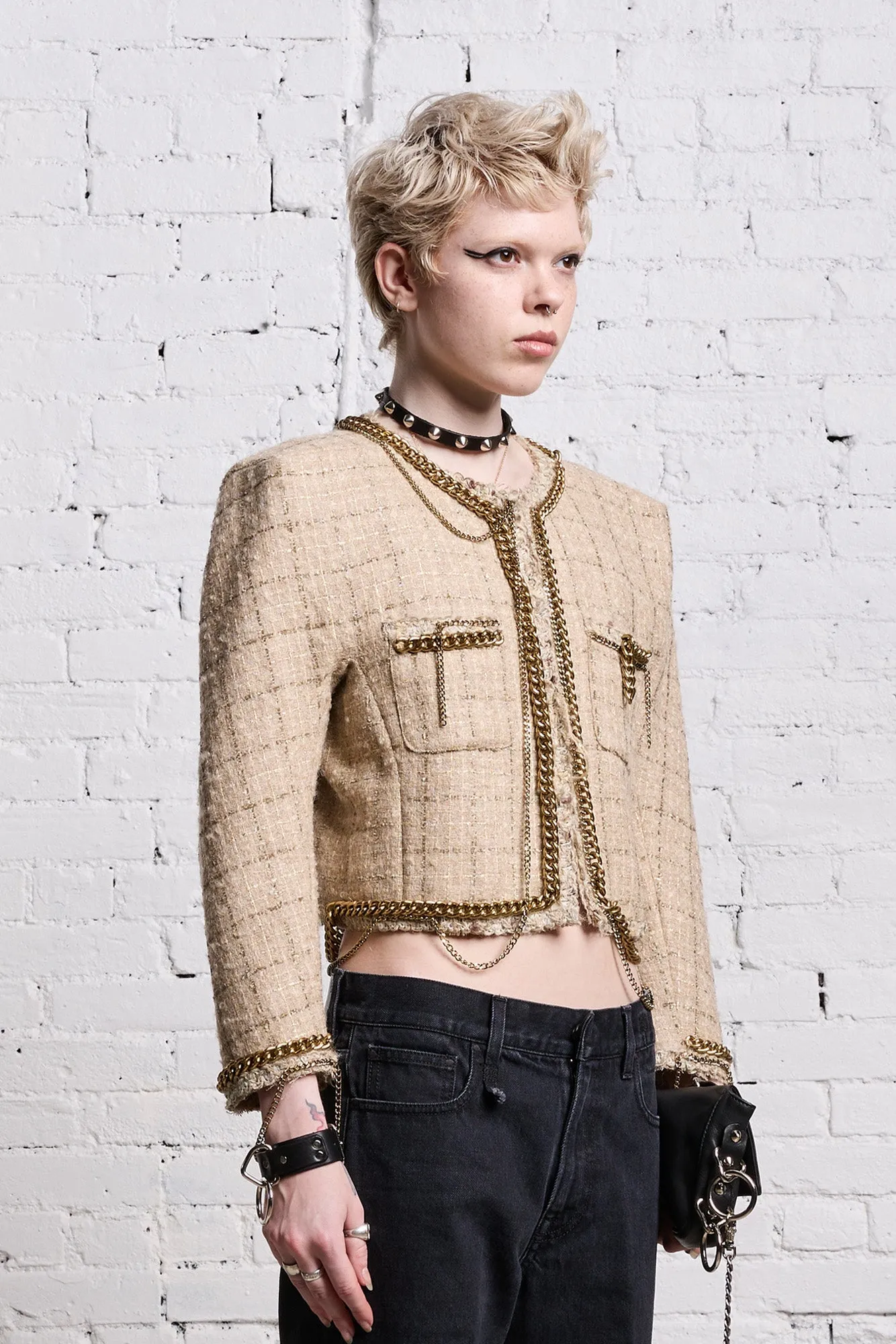 SQUARE SHOULDER TWEED JACKET - BEIGE sold by R13 product image thumbnail 4