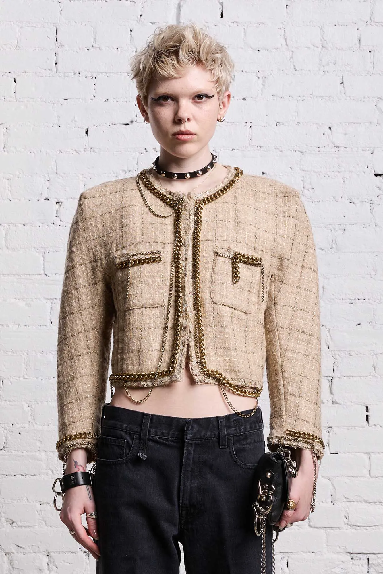 SQUARE SHOULDER TWEED JACKET - BEIGE sold by R13 product image thumbnail 3