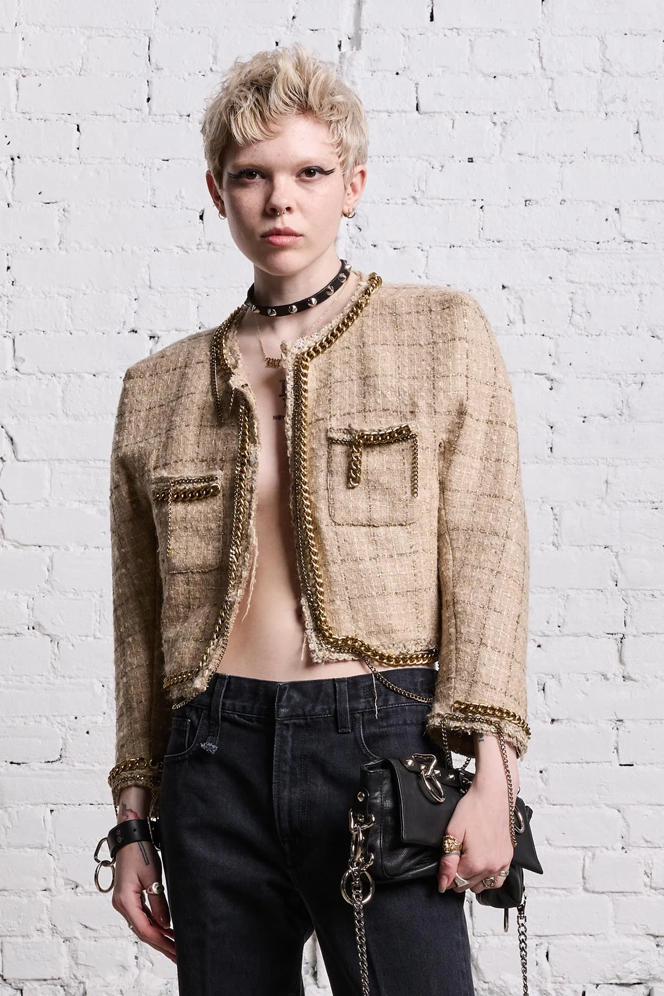 SQUARE SHOULDER TWEED JACKET - BEIGE sold by R13