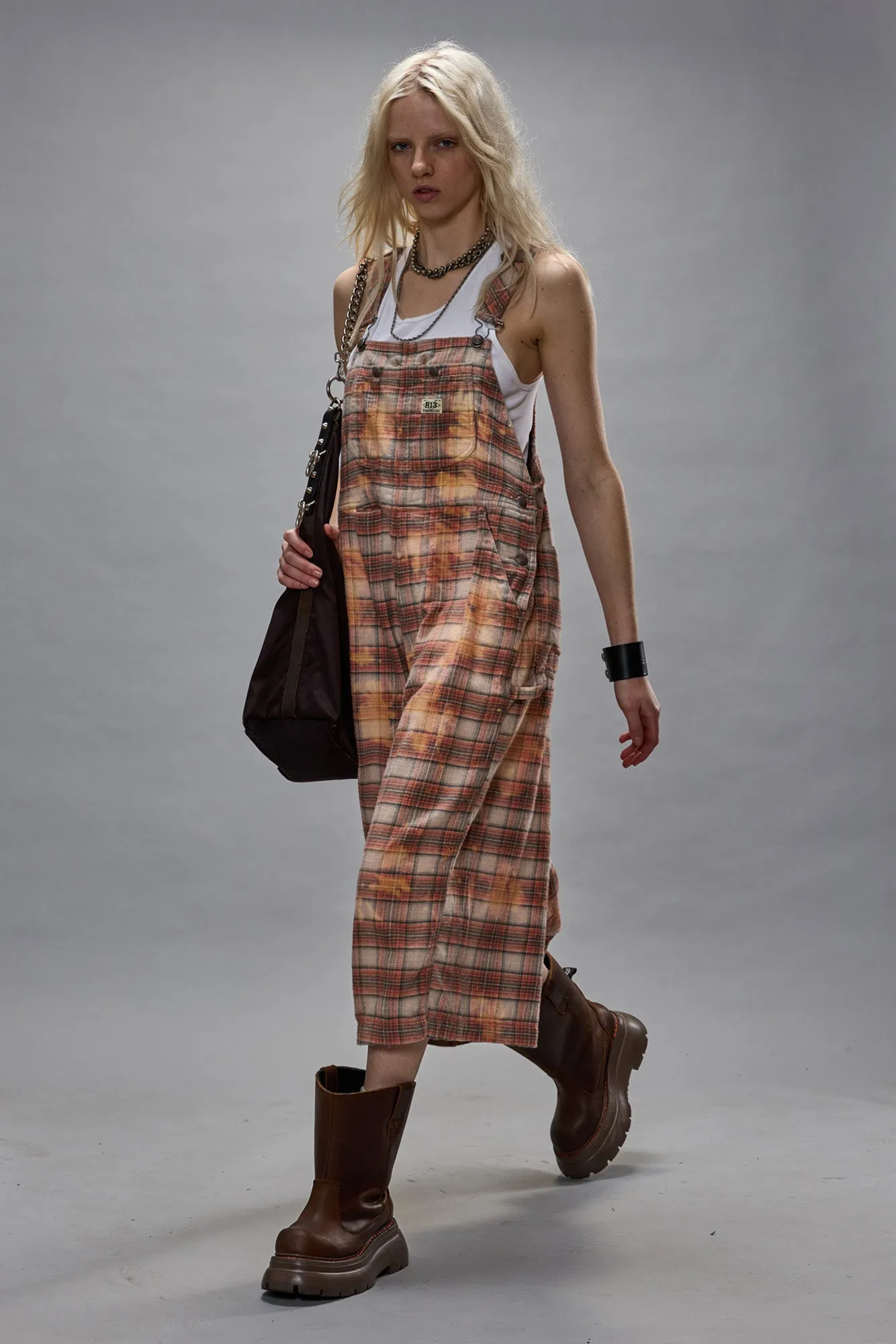 JUMBO OVERALL - BLEACHED ORANGE PLAID sold by R13