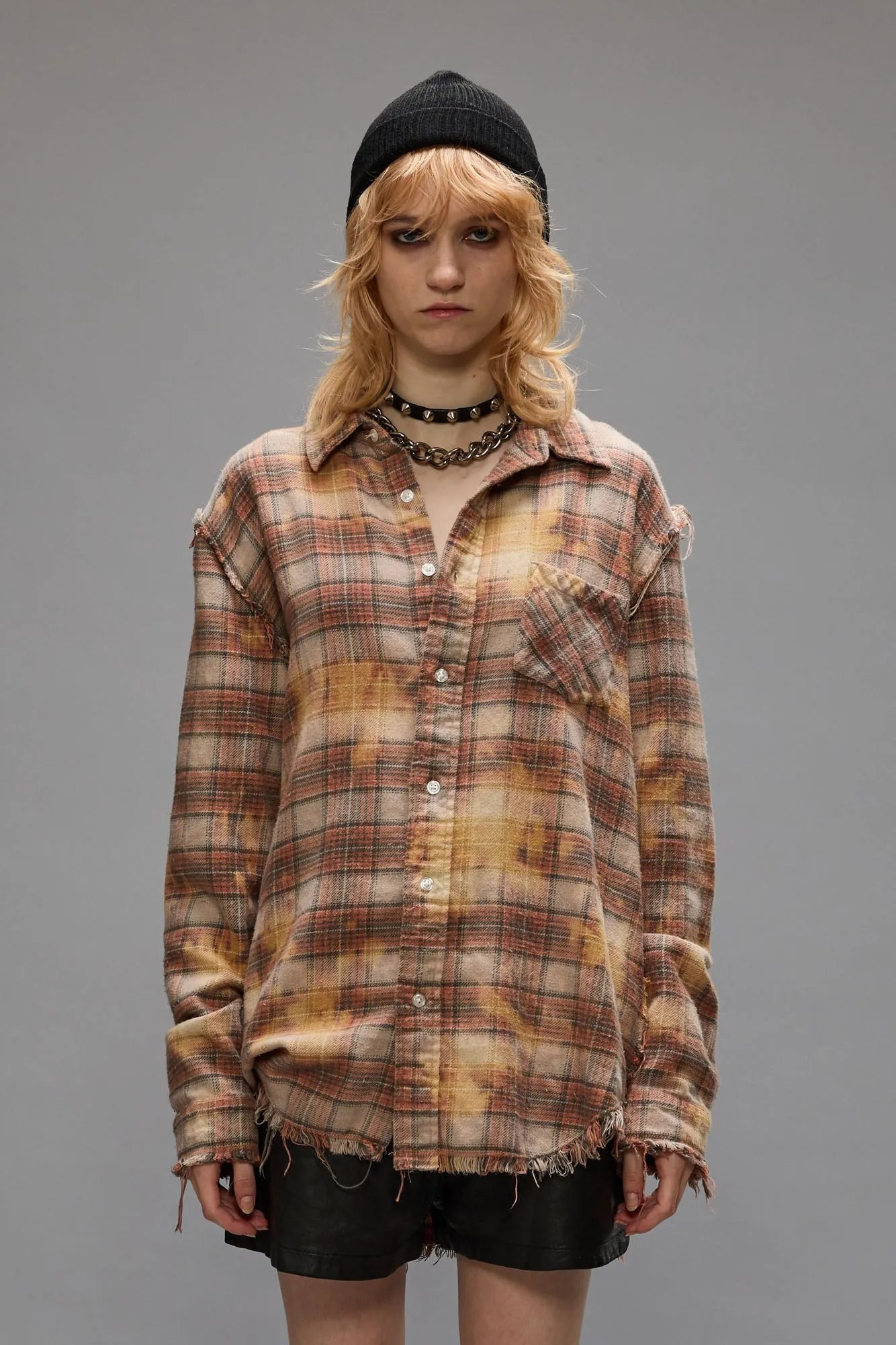 SHREDDED SEAM SHIRT - BLEACHED ORANGE PLAID sold by R13 product image thumbnail 3