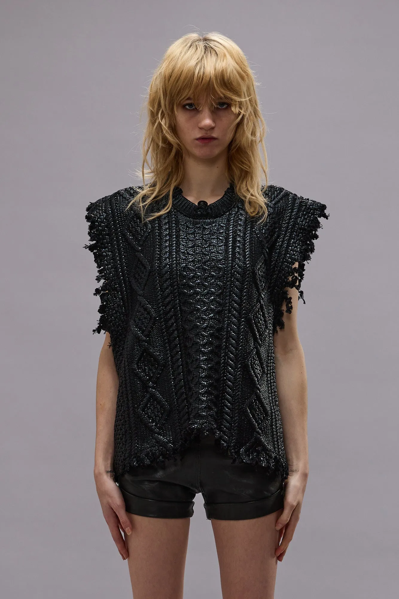 BOYFRIEND CABLE SWEATER VEST - COATED BLACK sold by R13 product image thumbnail 3