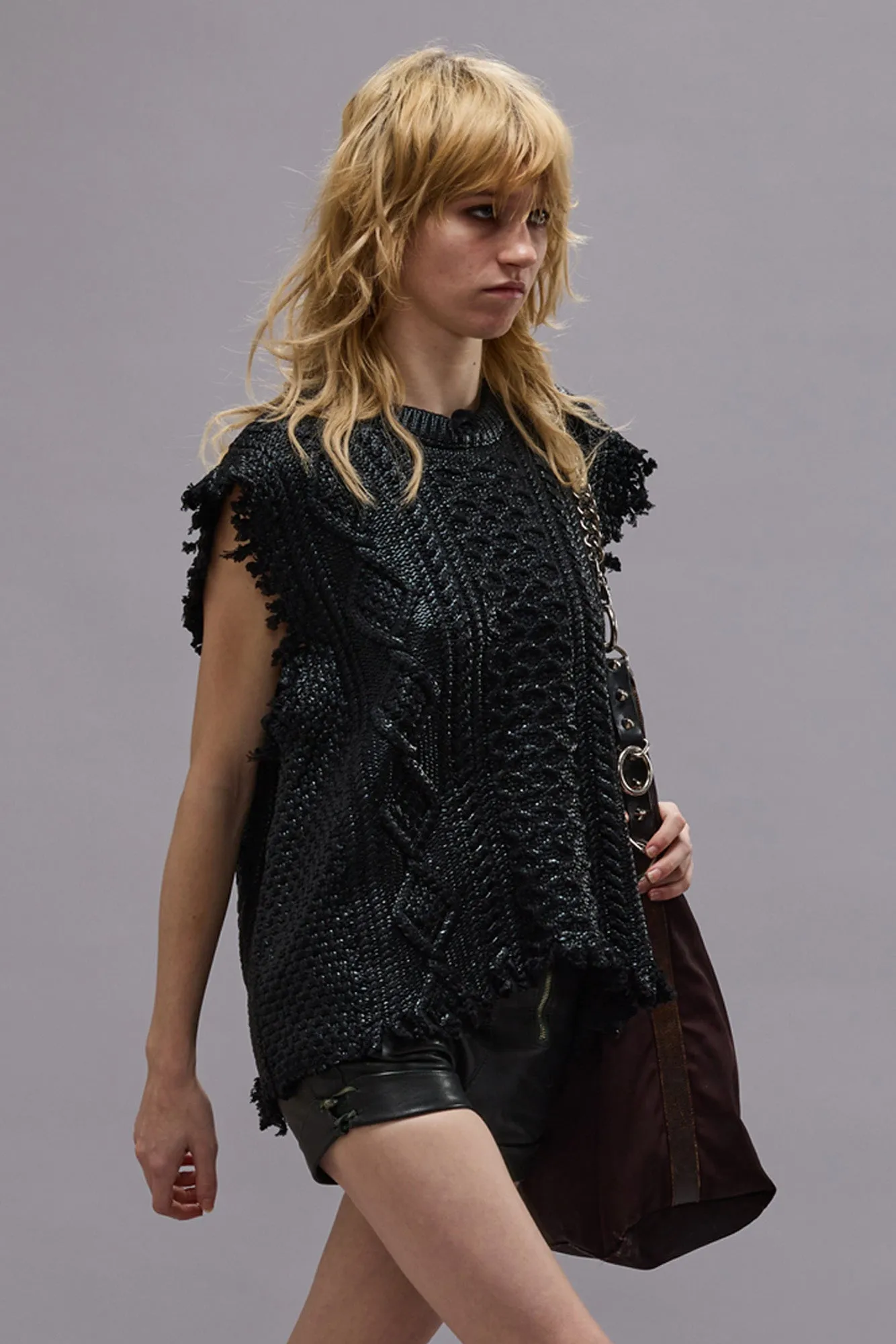 BOYFRIEND CABLE SWEATER VEST - COATED BLACK sold by R13