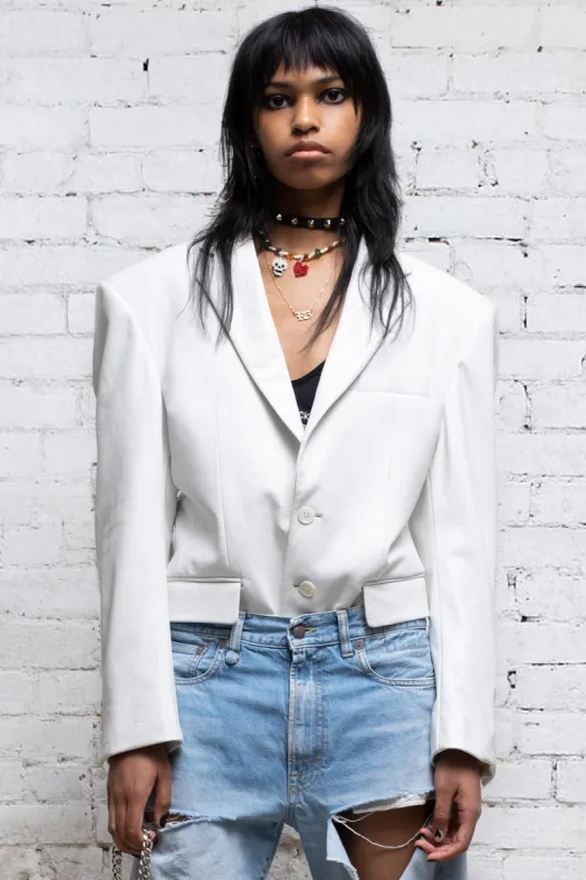 STRONG SHOULDER NOTCH LAPEL LEATHER BLAZER - WHITE sold by R13