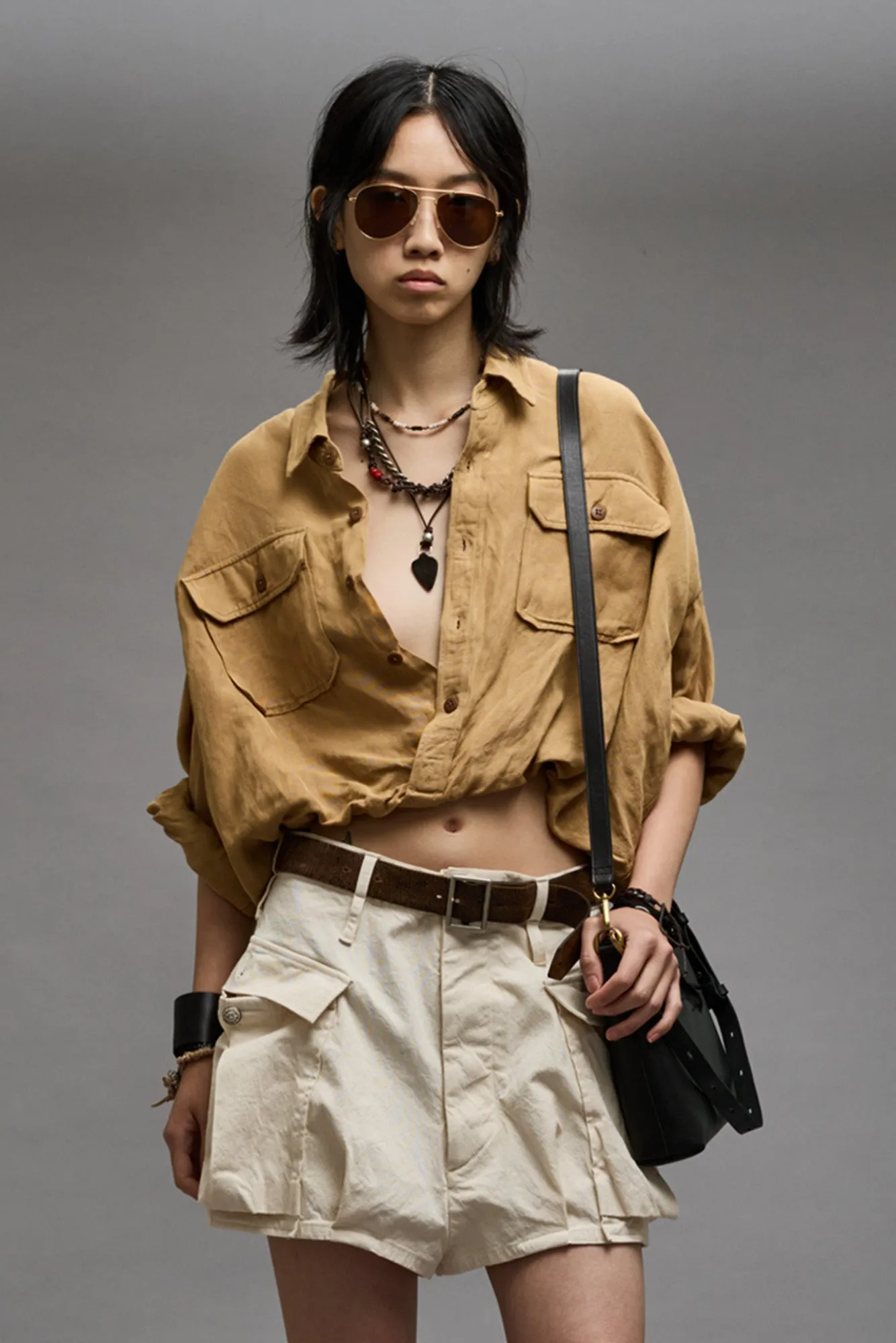 CROSSOVER UTILITY BUBBLE SHIRT - KHAKI sold by R13