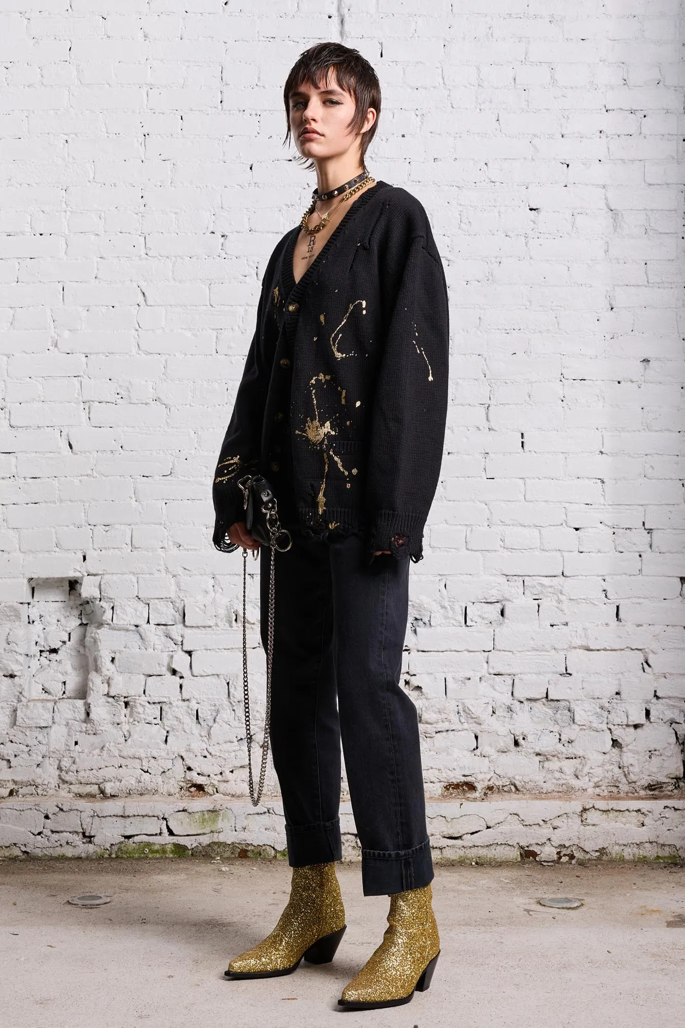 BOYFRIEND CARDIGAN - GOLD SPLATTERED BLACK sold by R13 product image thumbnail 2