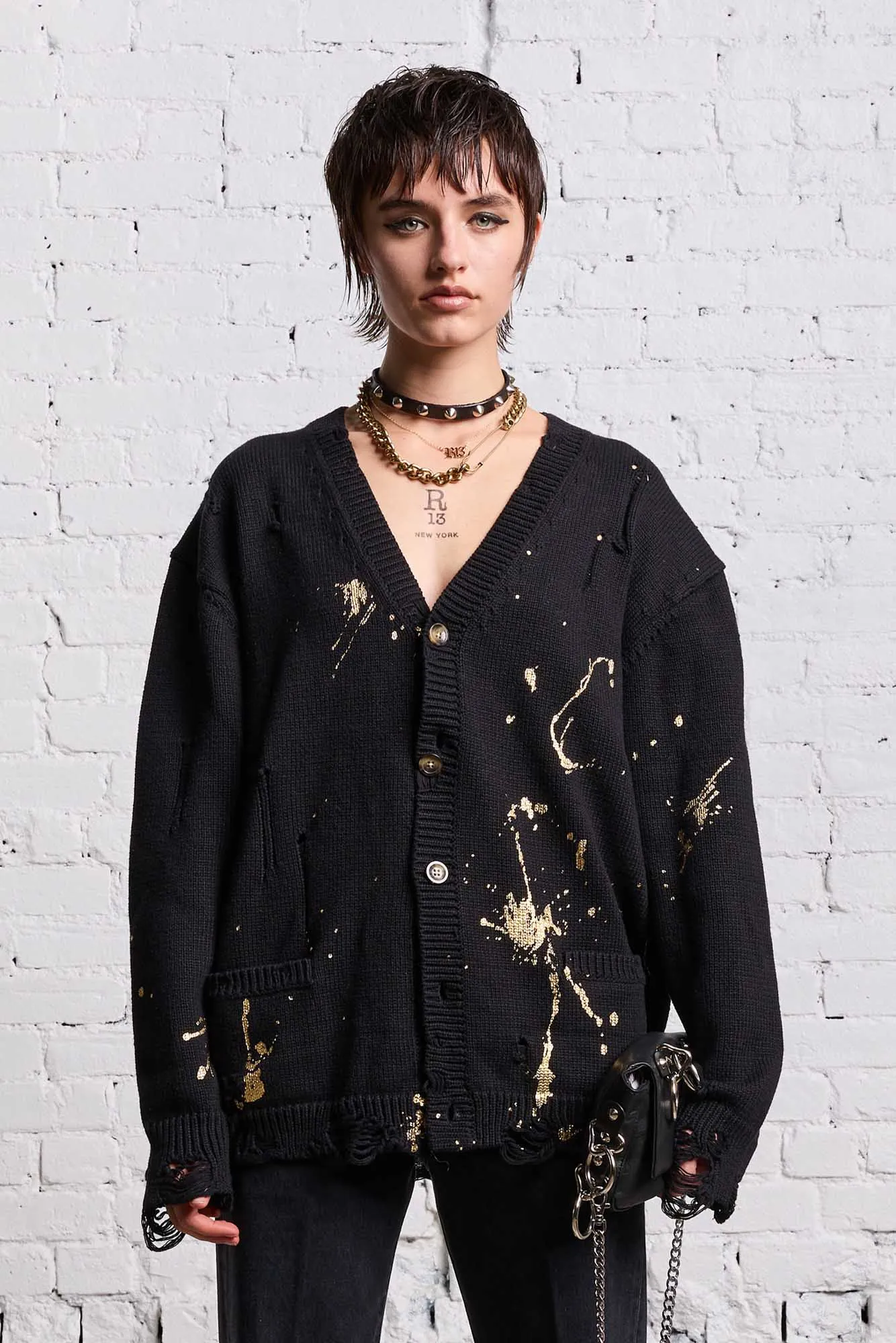 BOYFRIEND CARDIGAN - GOLD SPLATTERED BLACK sold by R13 product image thumbnail 3