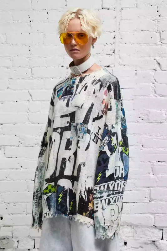 DISTRESSED OVERSIZED PULLOVER - 11 SPRING GRAFFITI sold by R13