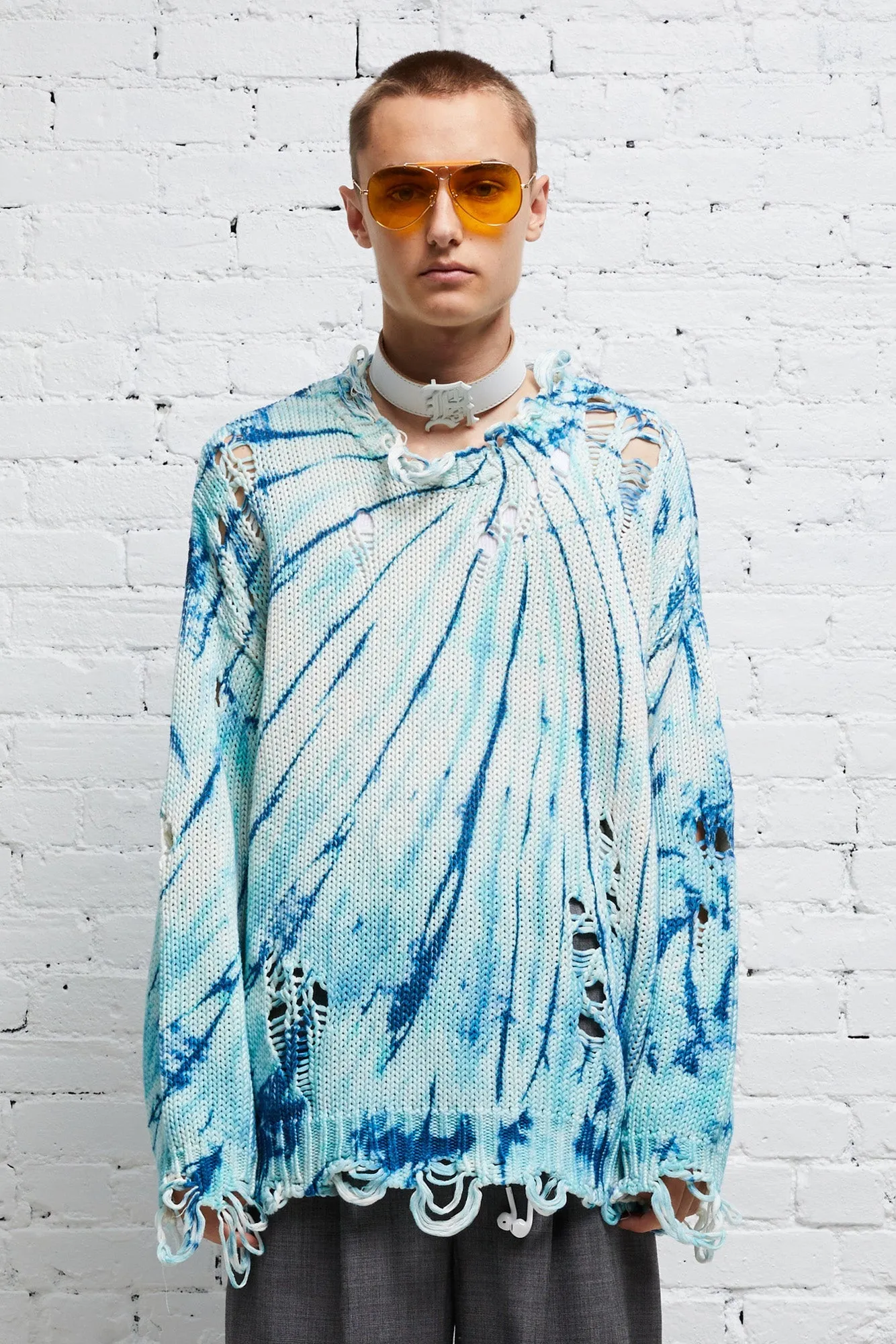 DISTRESSED OVERSIZED PULLOVER - BLUE TIE-DYE sold by R13