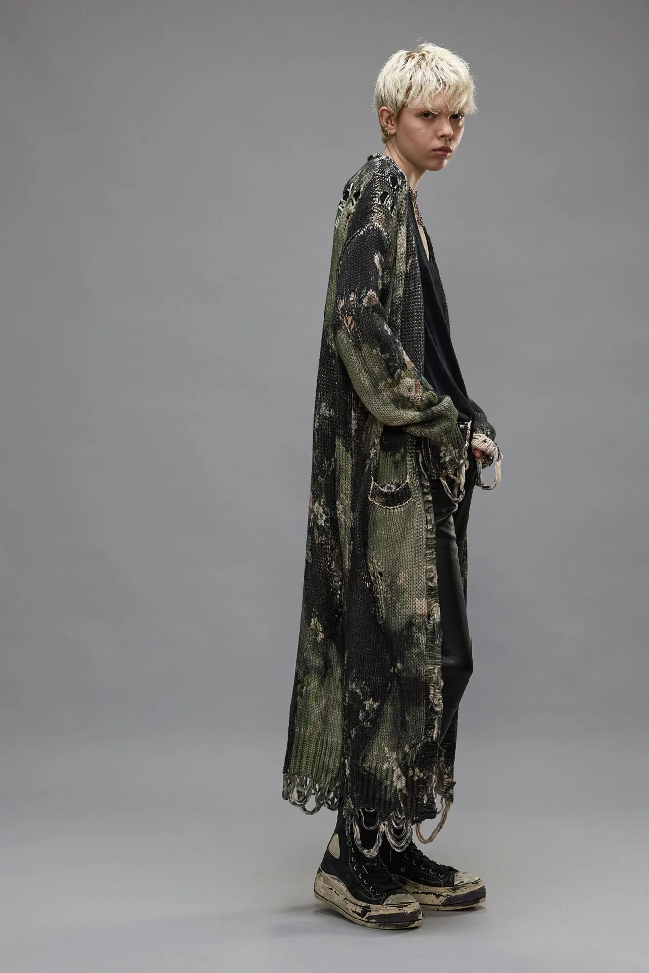 DISTRESSED LONG CARDIGAN - BLEACHED BLACK FLORAL sold by R13
