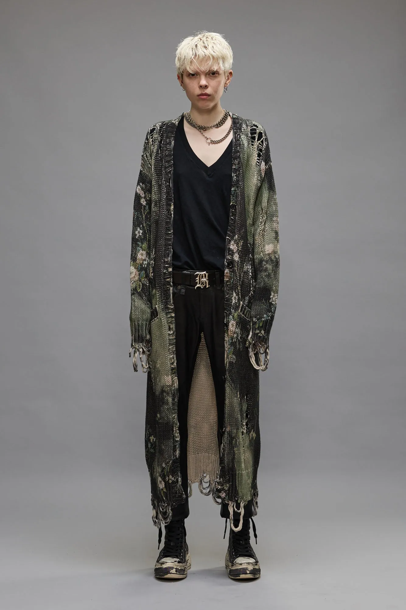 DISTRESSED LONG CARDIGAN - BLEACHED BLACK FLORAL sold by R13 product image thumbnail 2