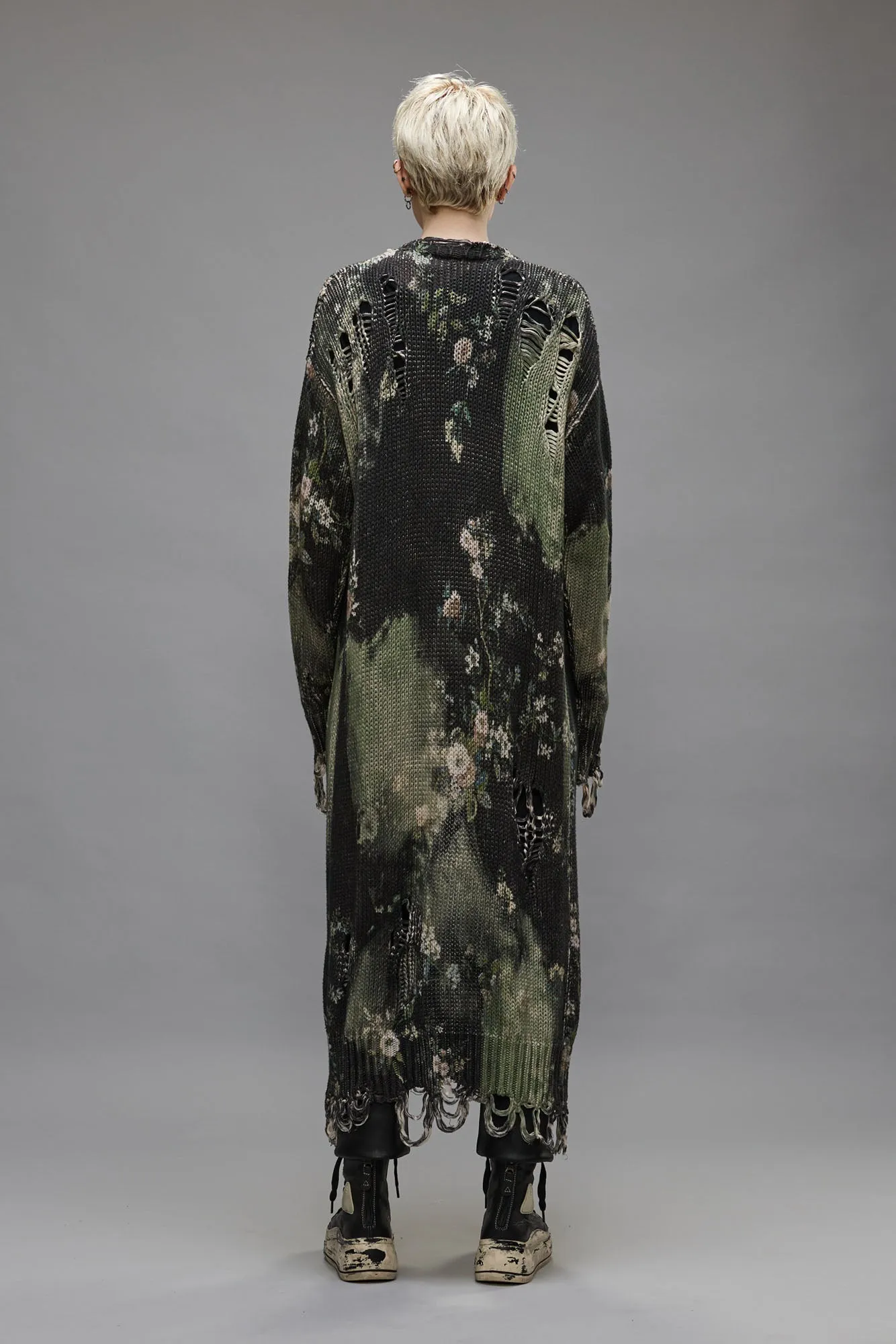 DISTRESSED LONG CARDIGAN - BLEACHED BLACK FLORAL sold by R13 product image thumbnail 3